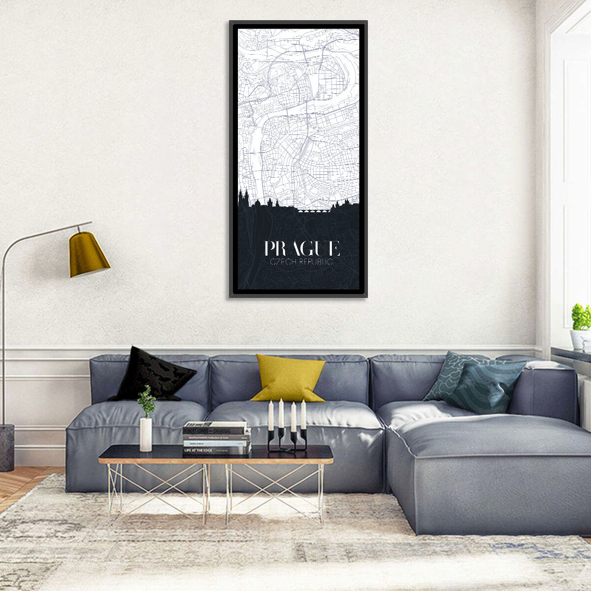 Prague Map with Charles Bridge Wall Art in a room, portrait