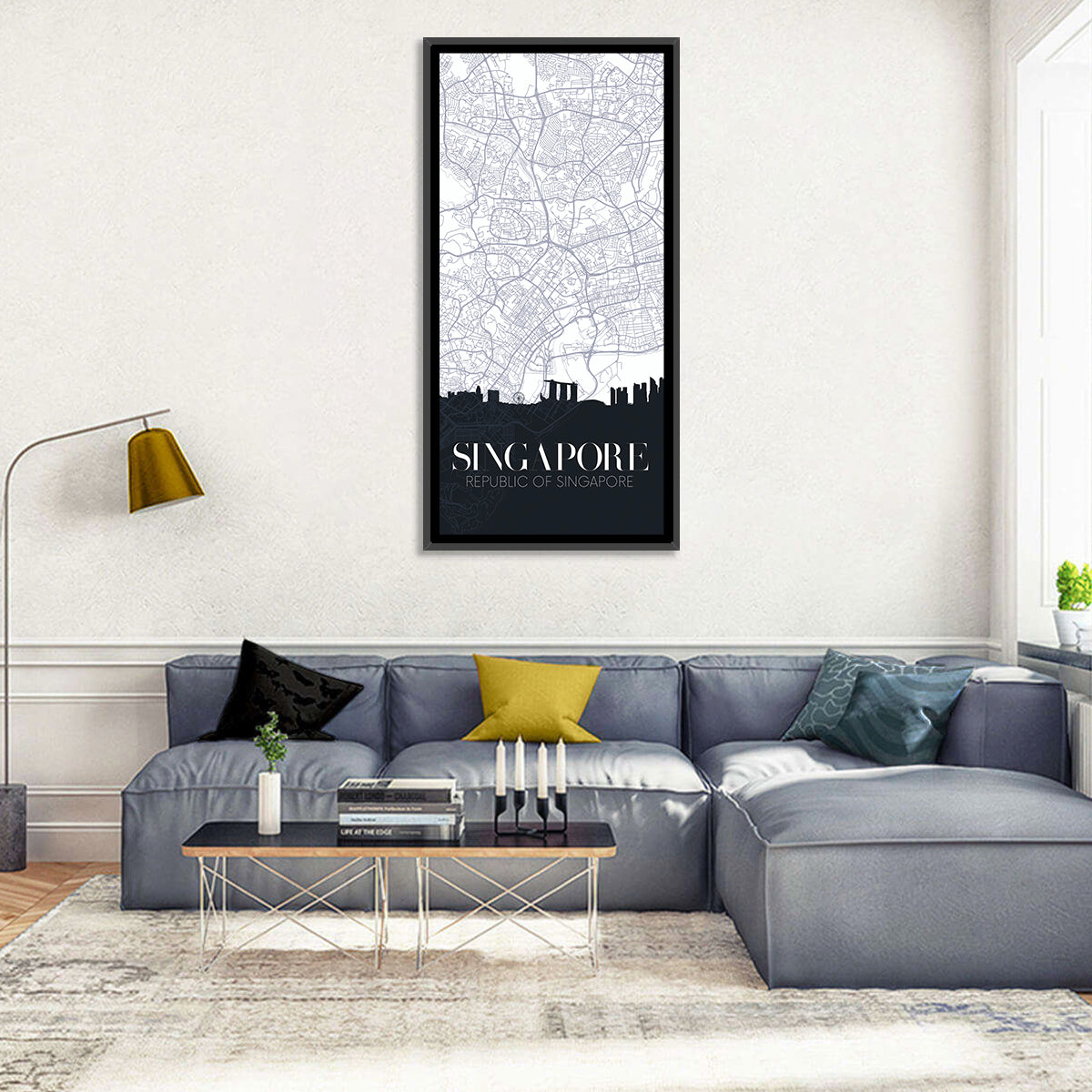 Singapore City Map Silhouette Wall Art in a room, portrait