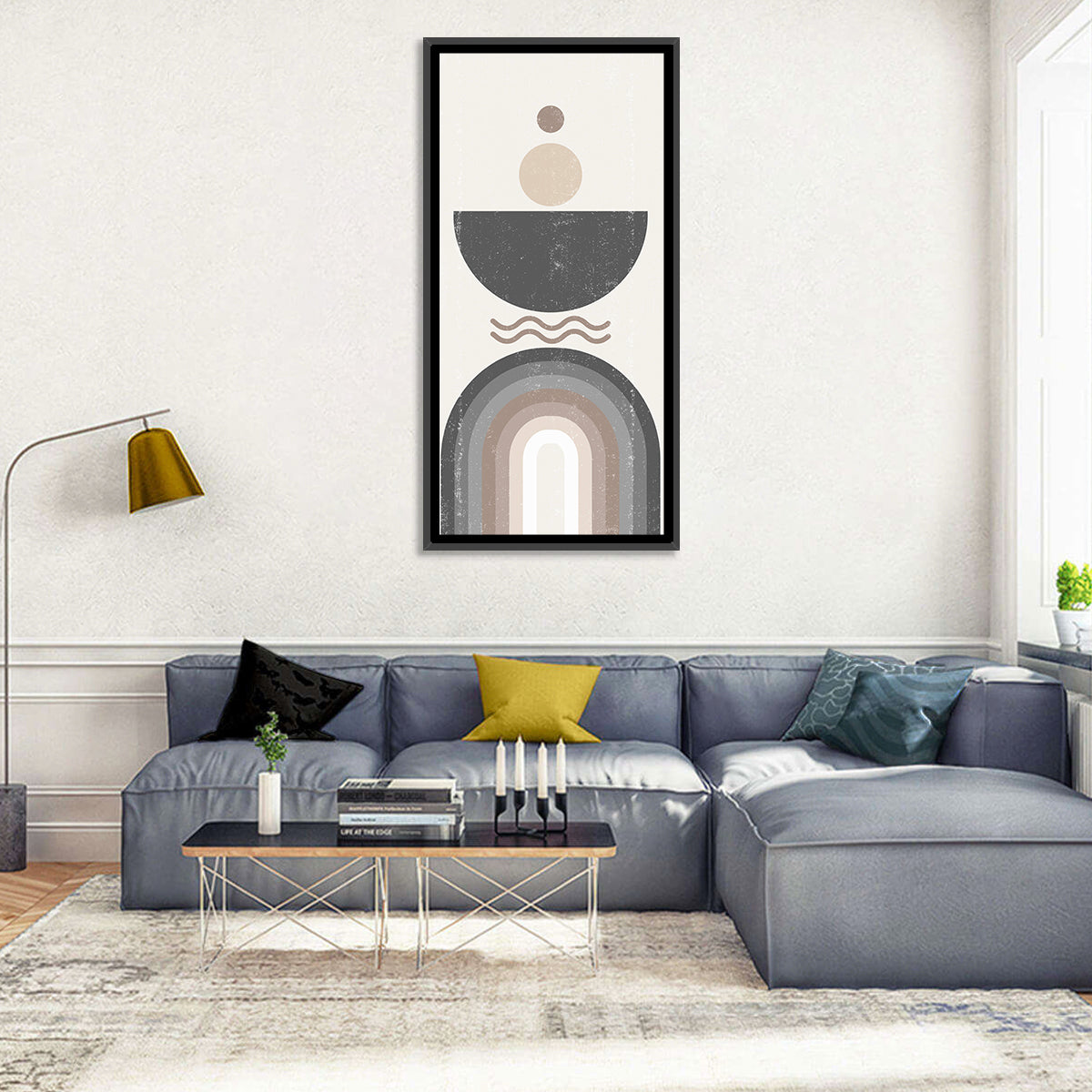 Textured Geometric Sun Wall Art in a room, portrait