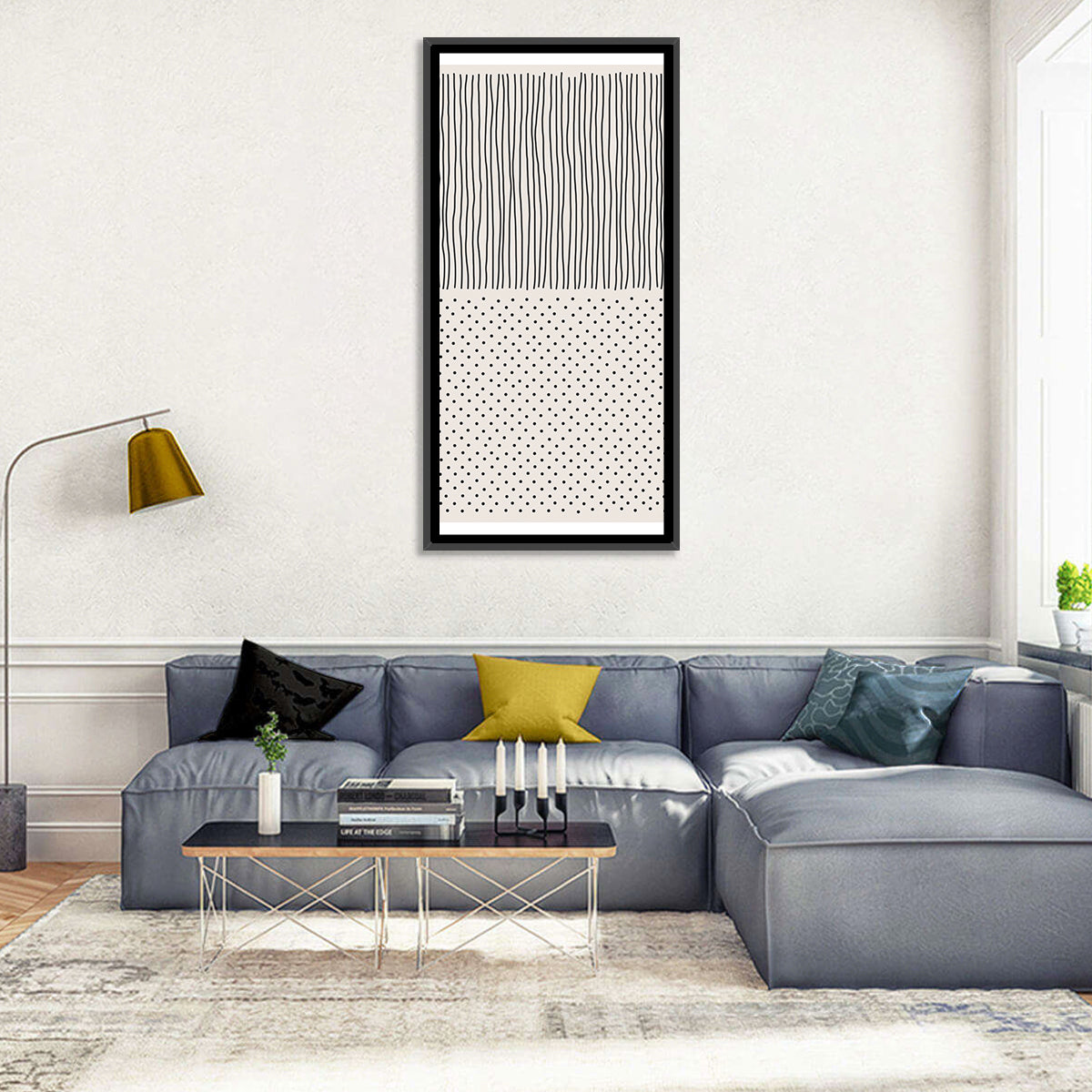 Minimalist Lines and Dots Wall Art in a room, portrait