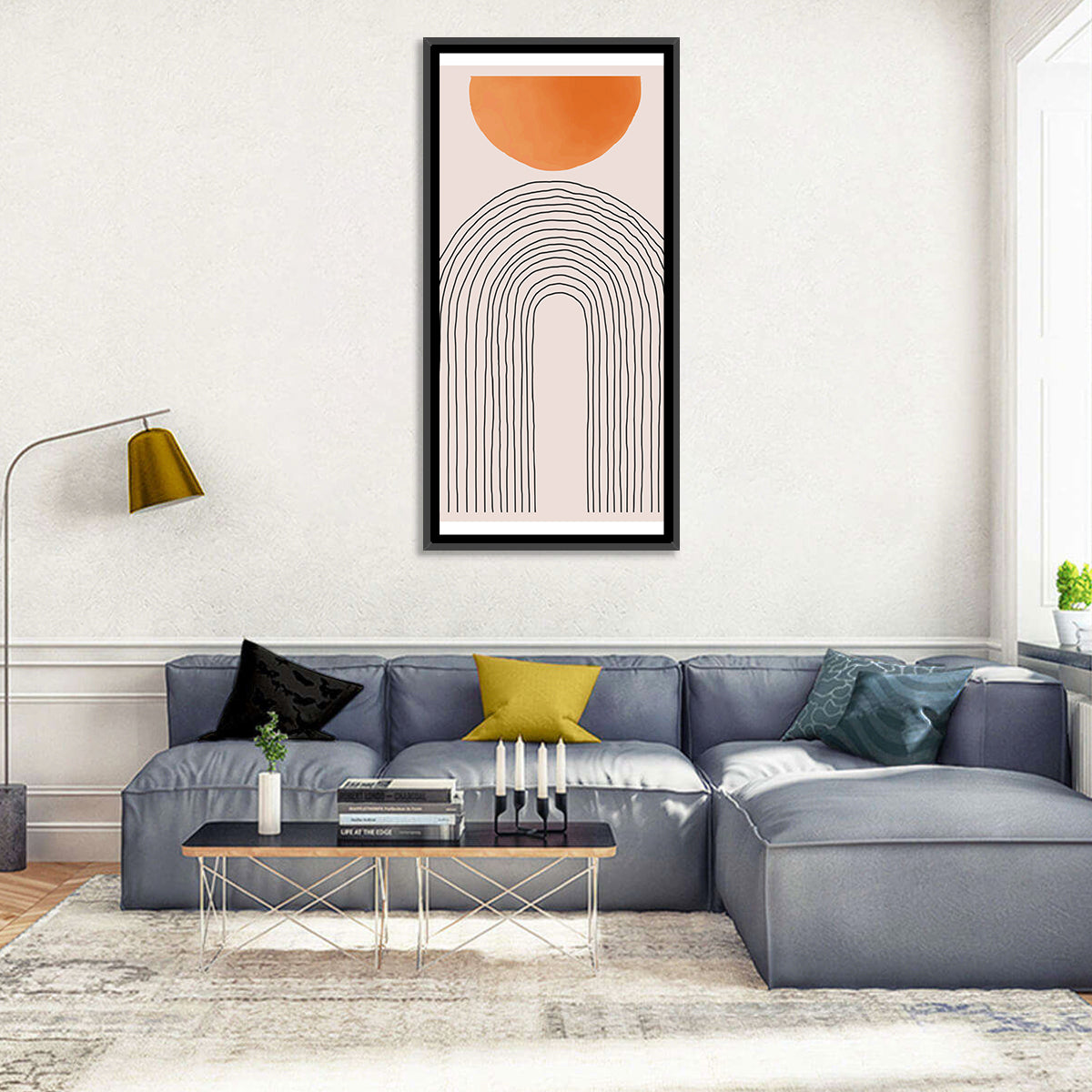 Geometric Sunset Arch Wall Art in a room, portrait