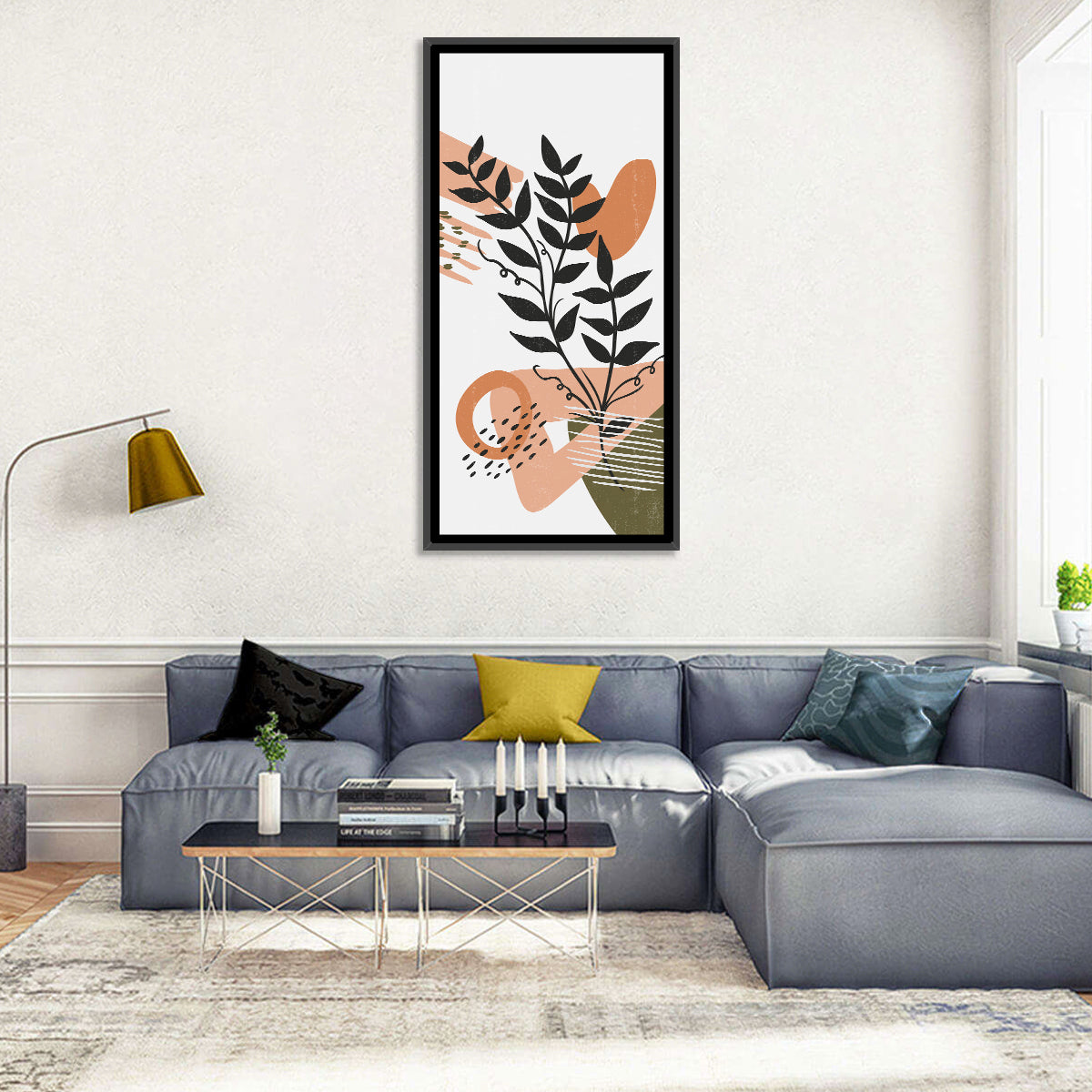 Olive Botanical Leaves Abstract Wall Art in a room, portrait