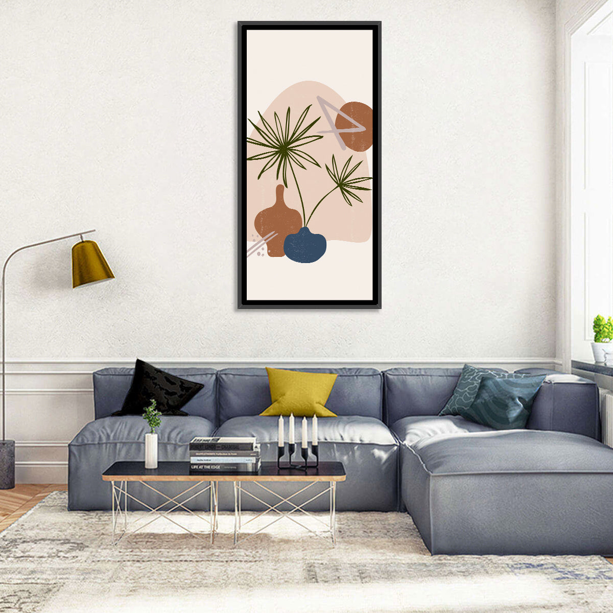 Palm Leaves and Vases Abstract Wall Art in a room, portrait