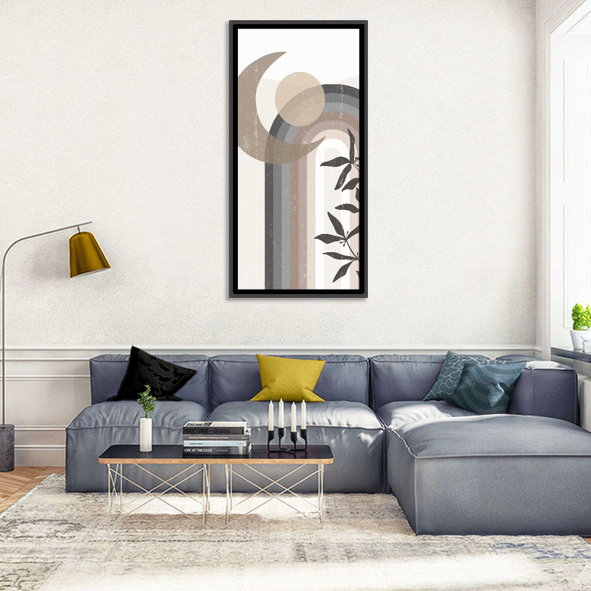 Crescent Moon Rainbow Abstract Wall Art in a room, portrait
