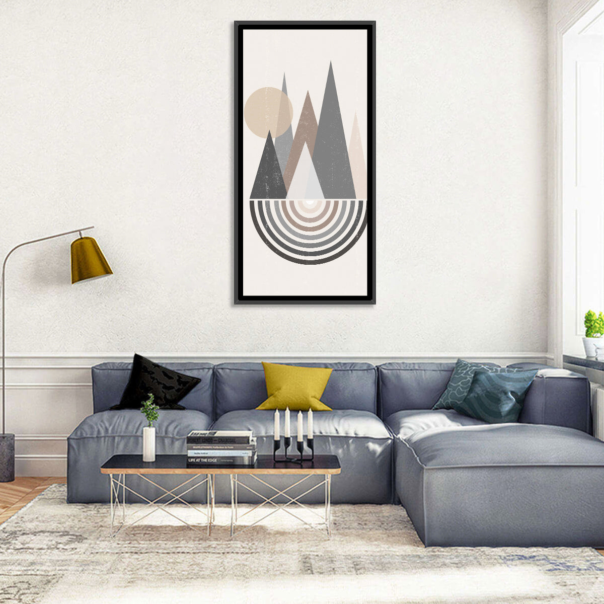 Minimalist Boho Pyramids Wall Art in a room, portrait