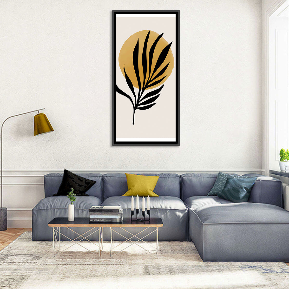 Shining Sun Palm Leaf Wall Art in a room, portrait