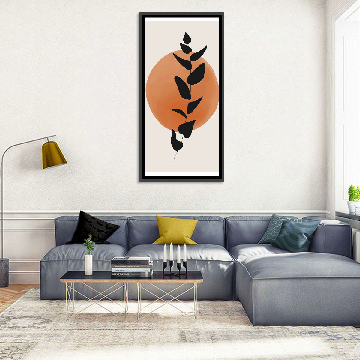 Leafy Branch with Terracotta Circle Wall Art in a room, portrait