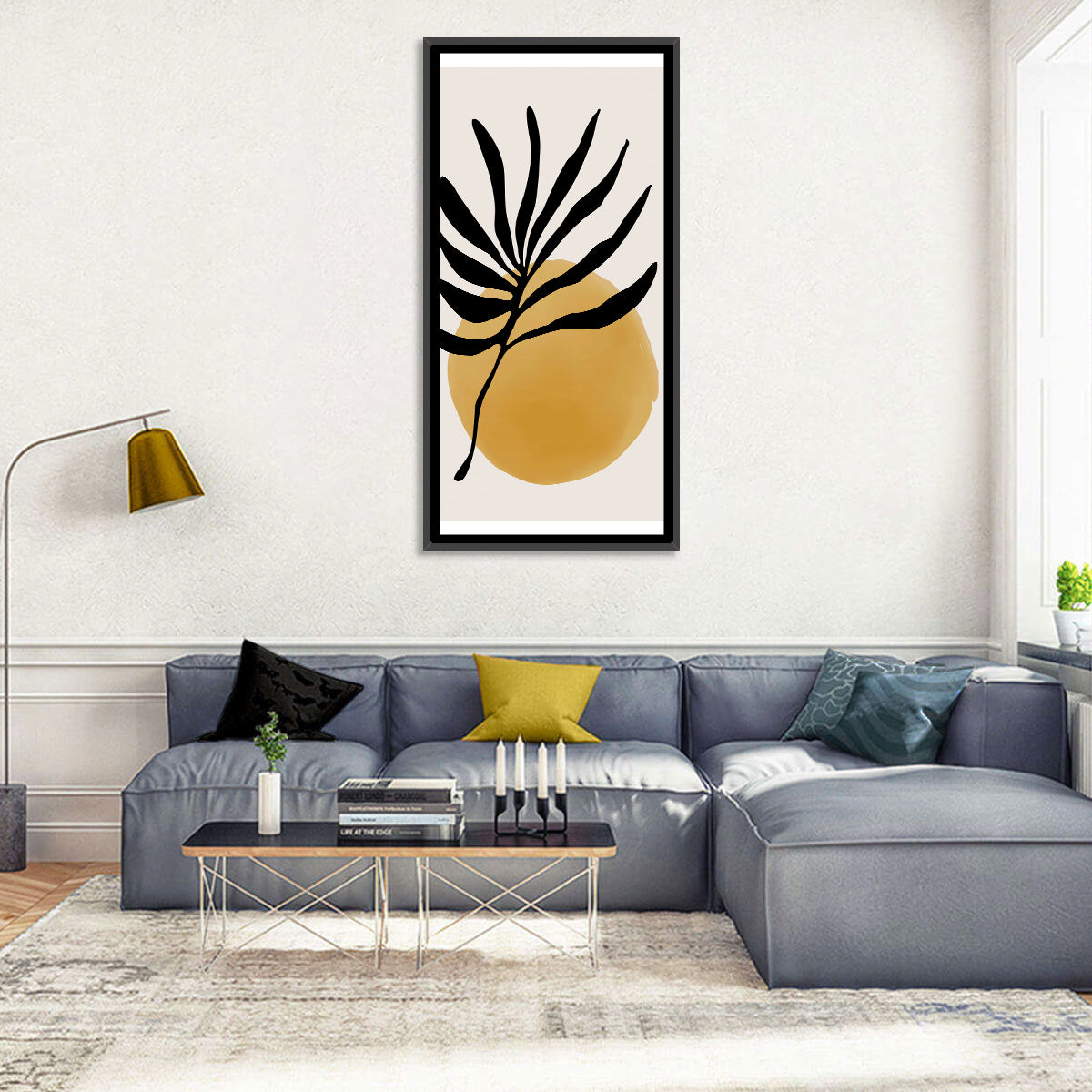 Mustard Sun with Dark Leaf Wall Art in a room, portrait