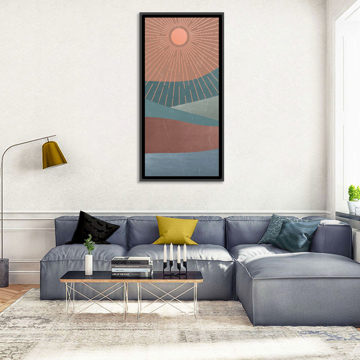 Minimalist Mountain Sunrise Wall Art in a room, portrait