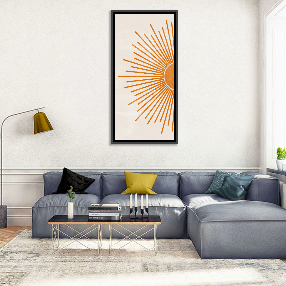 Orange Sunburst Minimalist Wall Art in a room, portrait