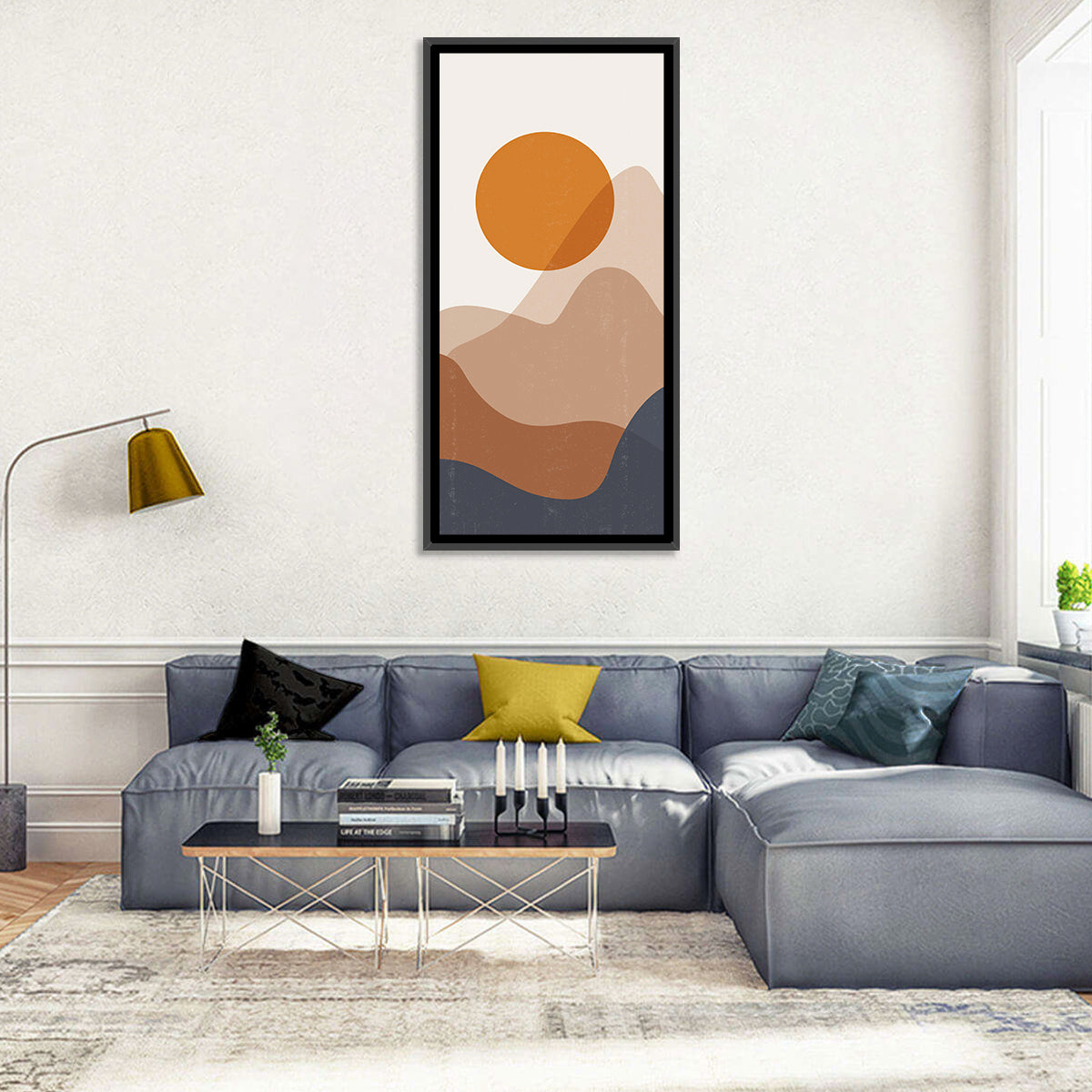 Layered Sunset Mountains Wall Art in a room, portrait