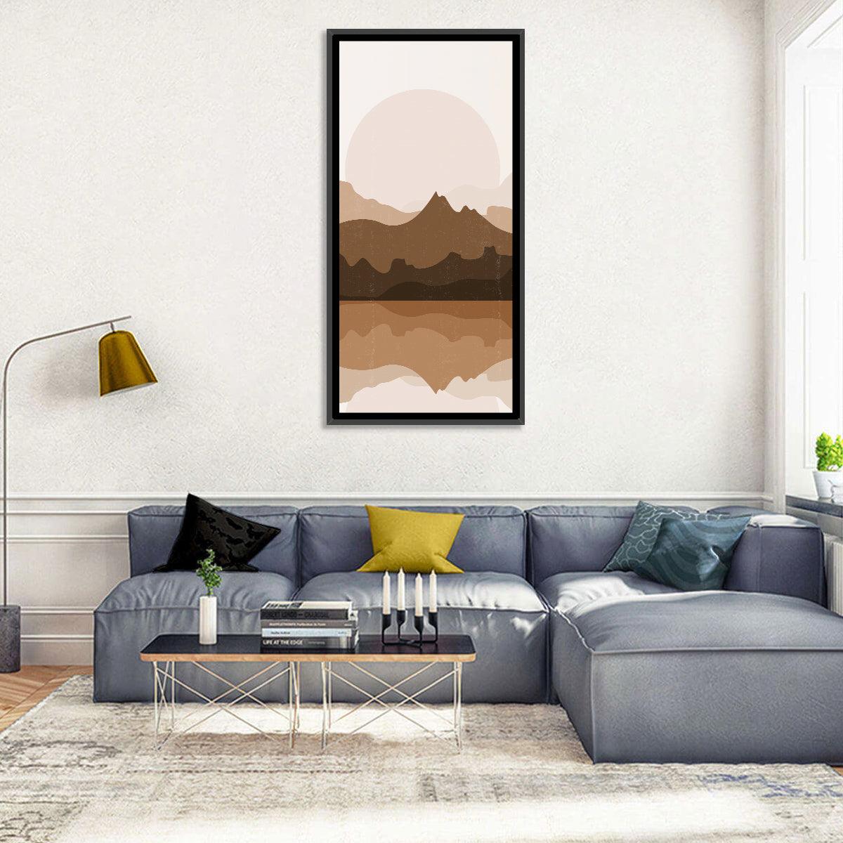 Layered Mountain Lake Sunset Wall Art in a room, portrait