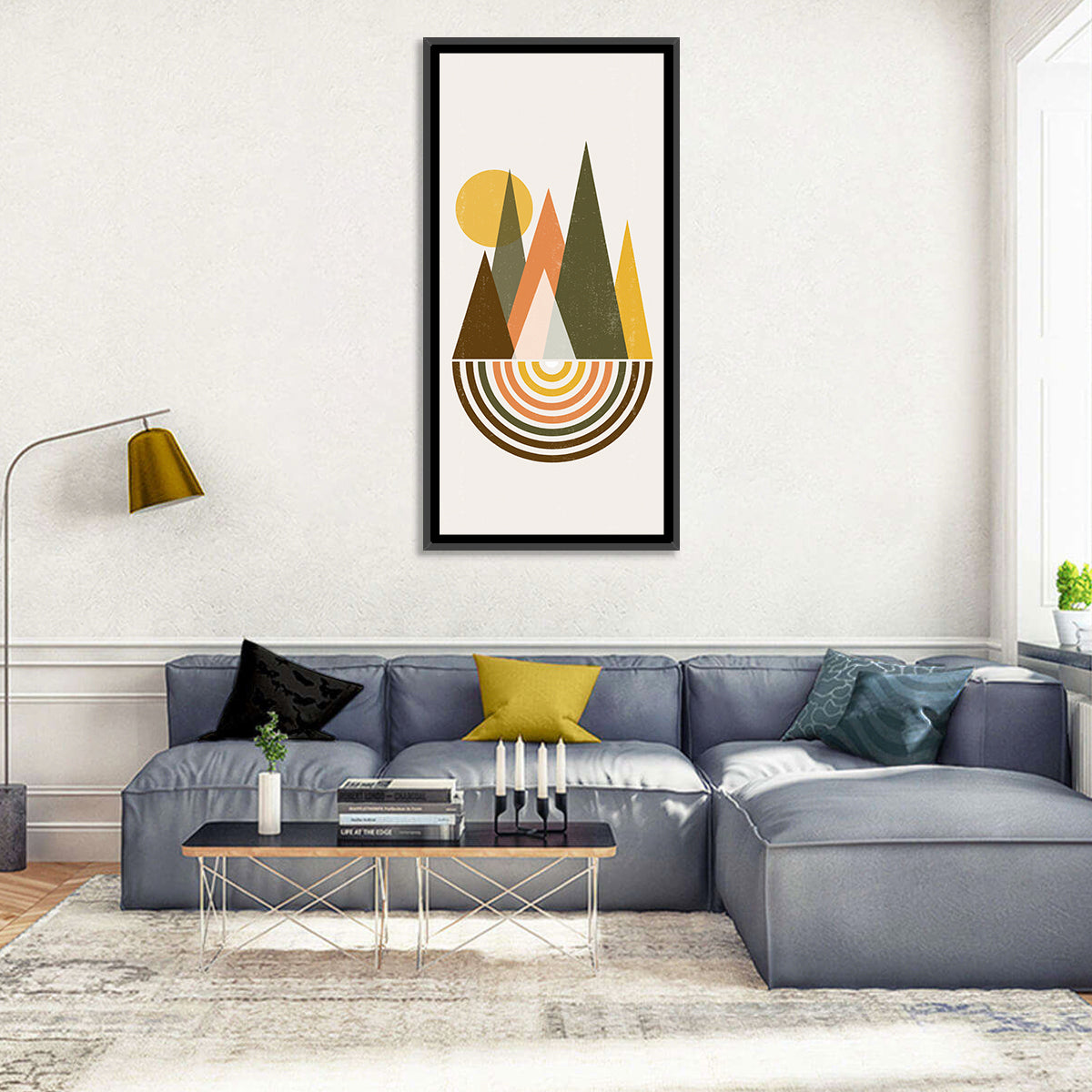 Colored Mountains Sunset Wall Art in a room, portrait