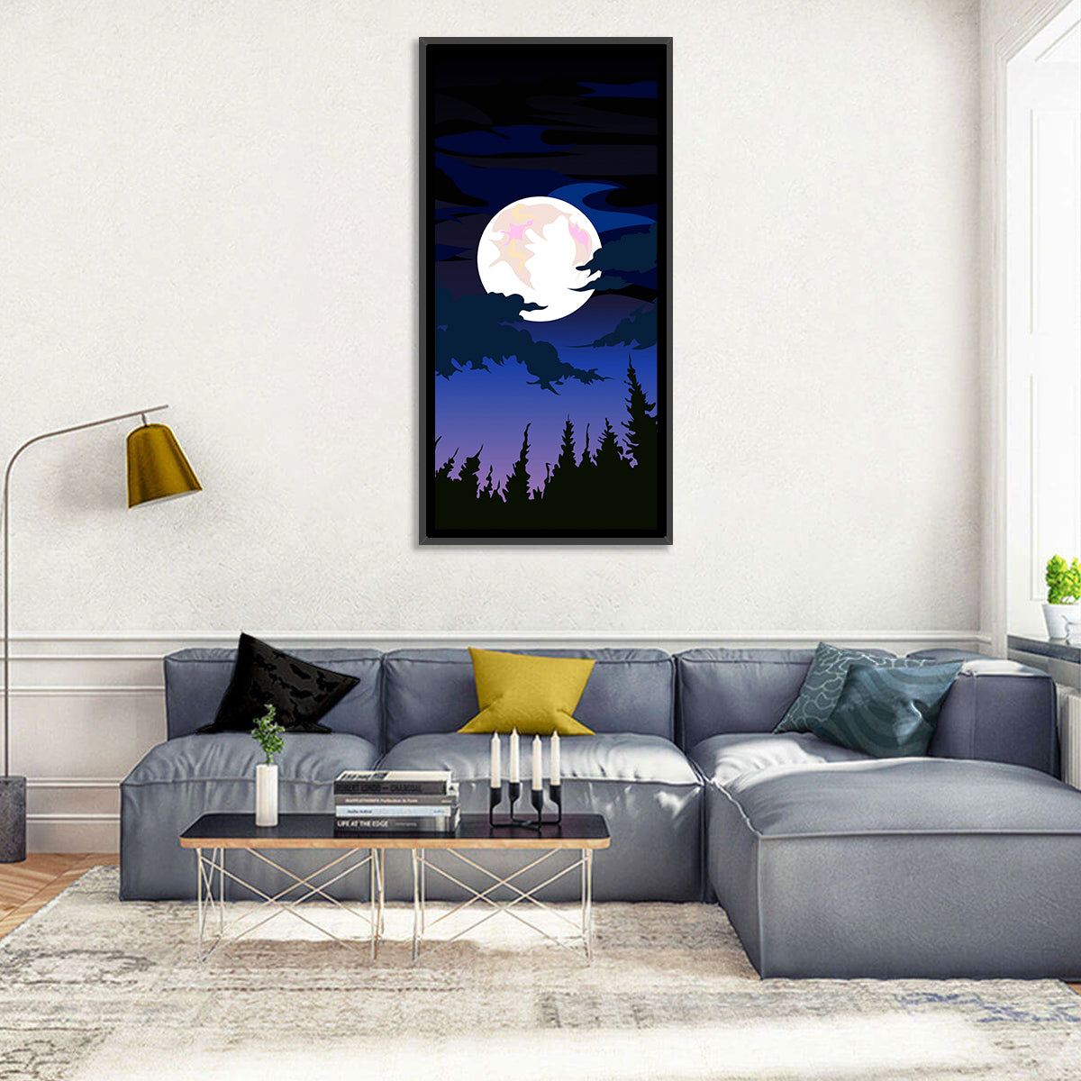 Dark Moon Over Forest Wall Art in a room, portrait