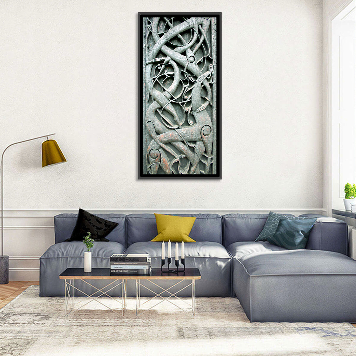 Norwegian Urnes Wood Carving Wall Art in a room, portrait