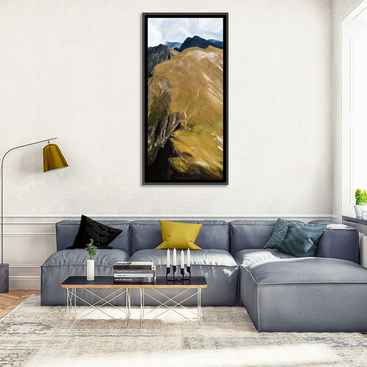 Aerial Mountain Slope with Red Cabin Wall Art in a room, portrait