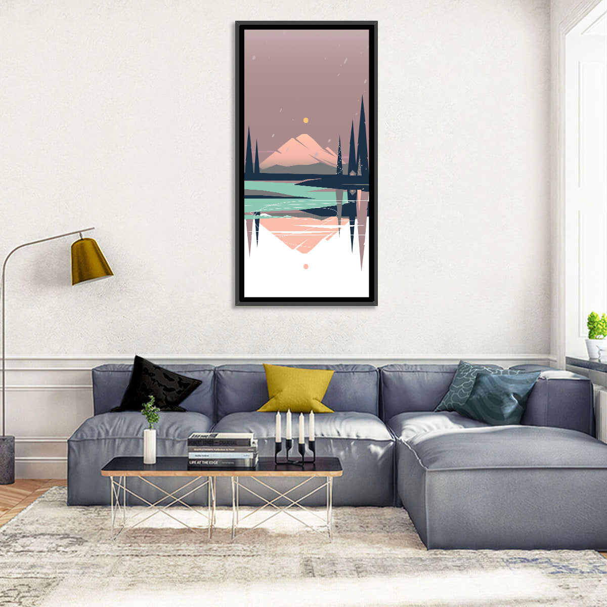 Dusk Mountain Lake Reflection Wall Art in a room, portrait