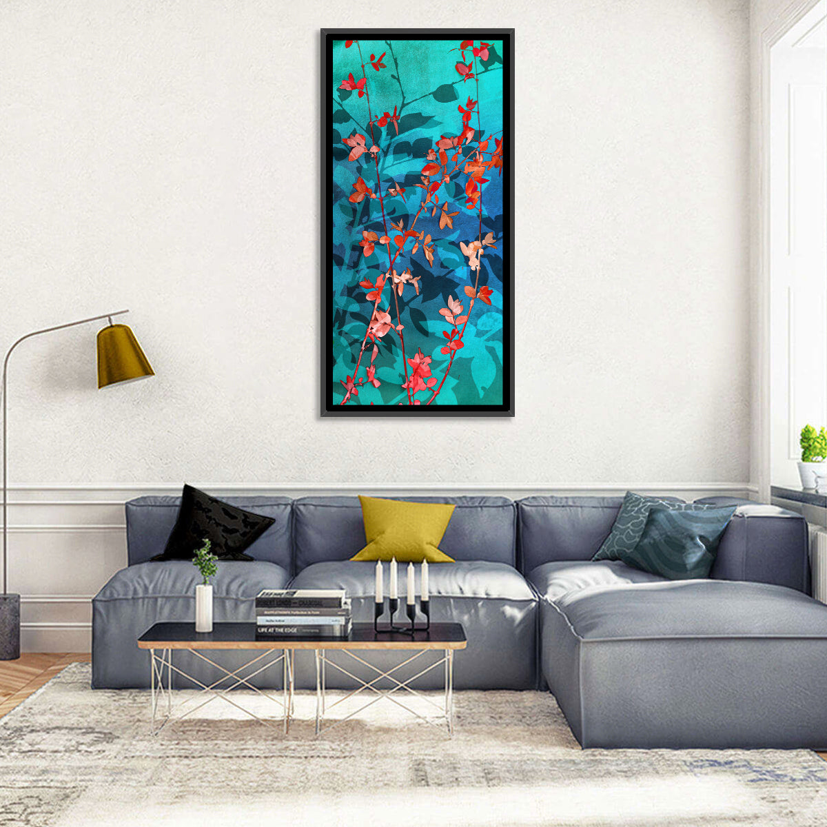 Red Leaf Branches Wall Art in a room, portrait