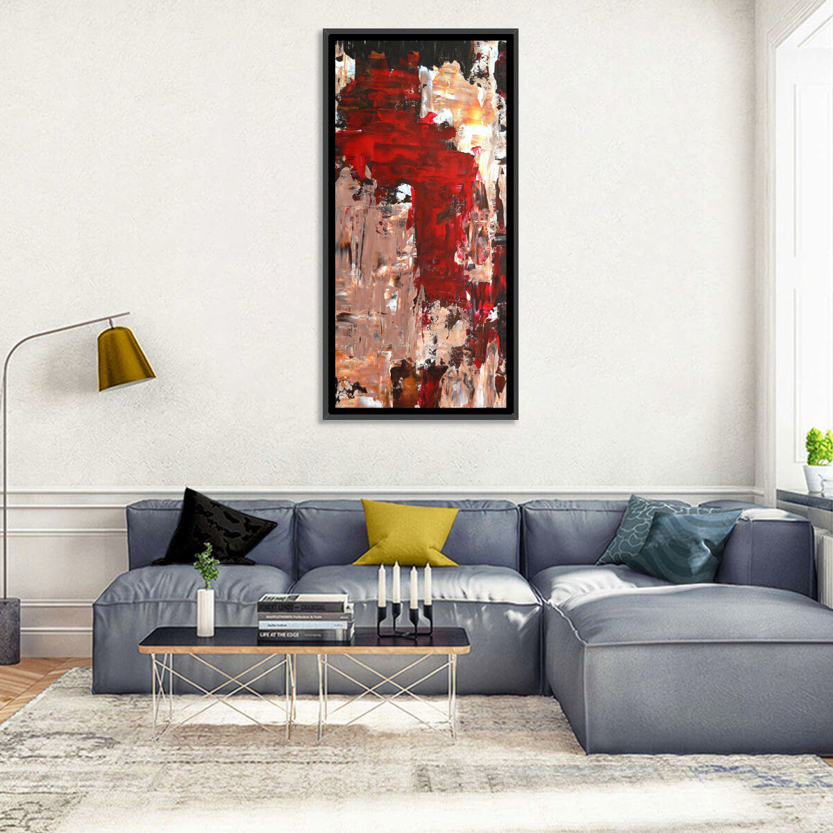 Splash of Red Abstract Wall Art in a room, portrait