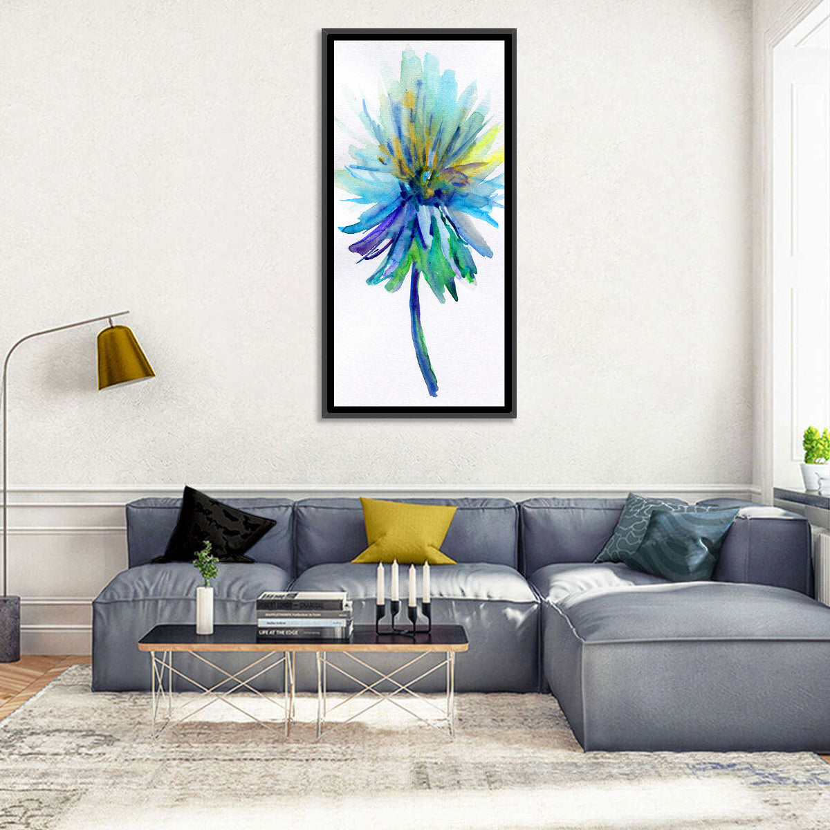 Ethereal Blue Watercolor Flower Wall Art in a room, portrait
