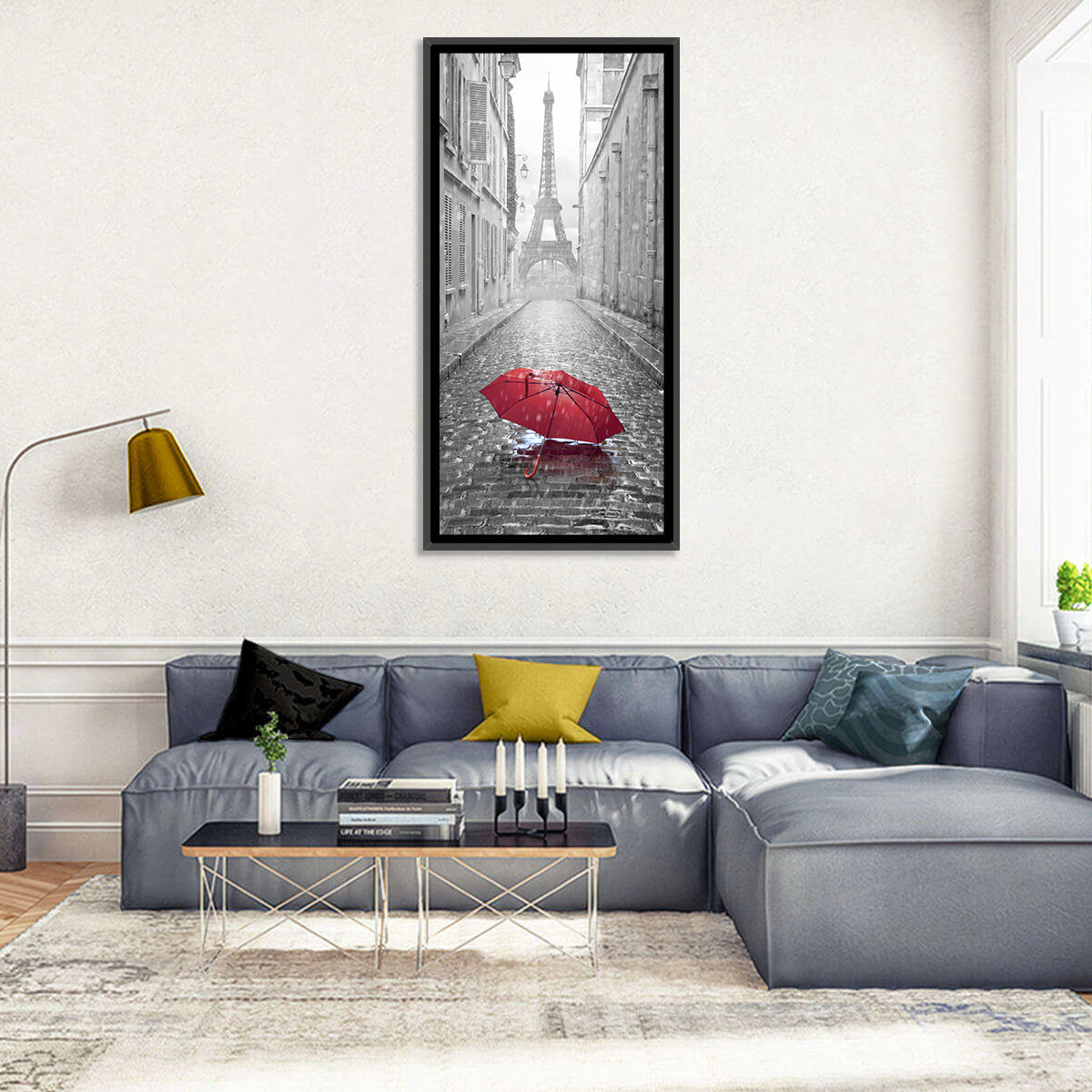 Eiffel Tower on Rainy Street Wall Art in a room, portrait