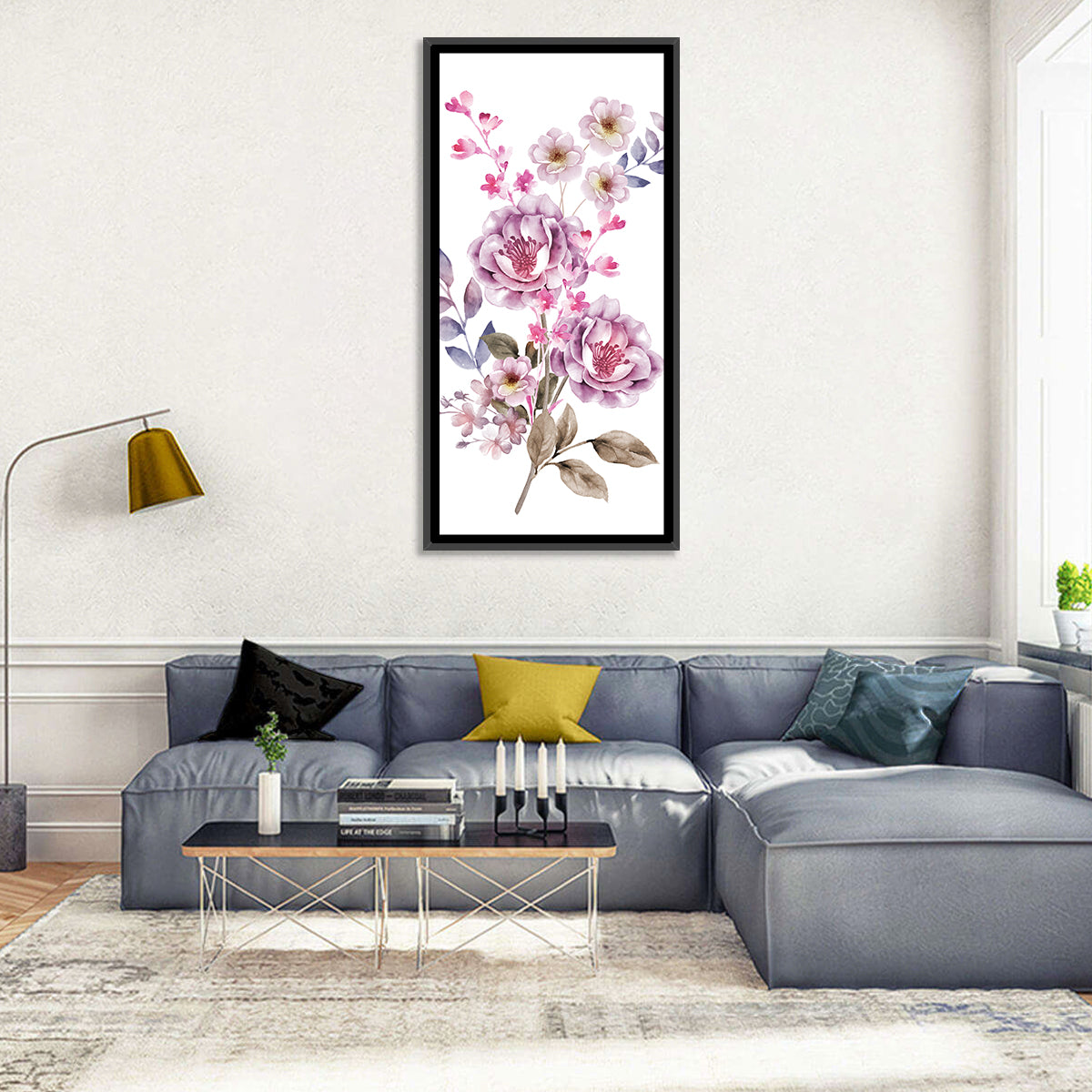 Lavender Watercolor Bouquet Wall Art in a room, portrait
