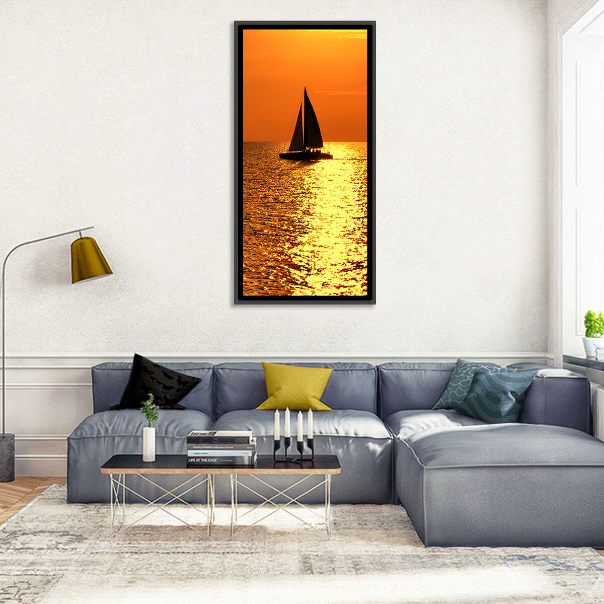 Sailboat Silhouette at Golden Sunset Wall Art