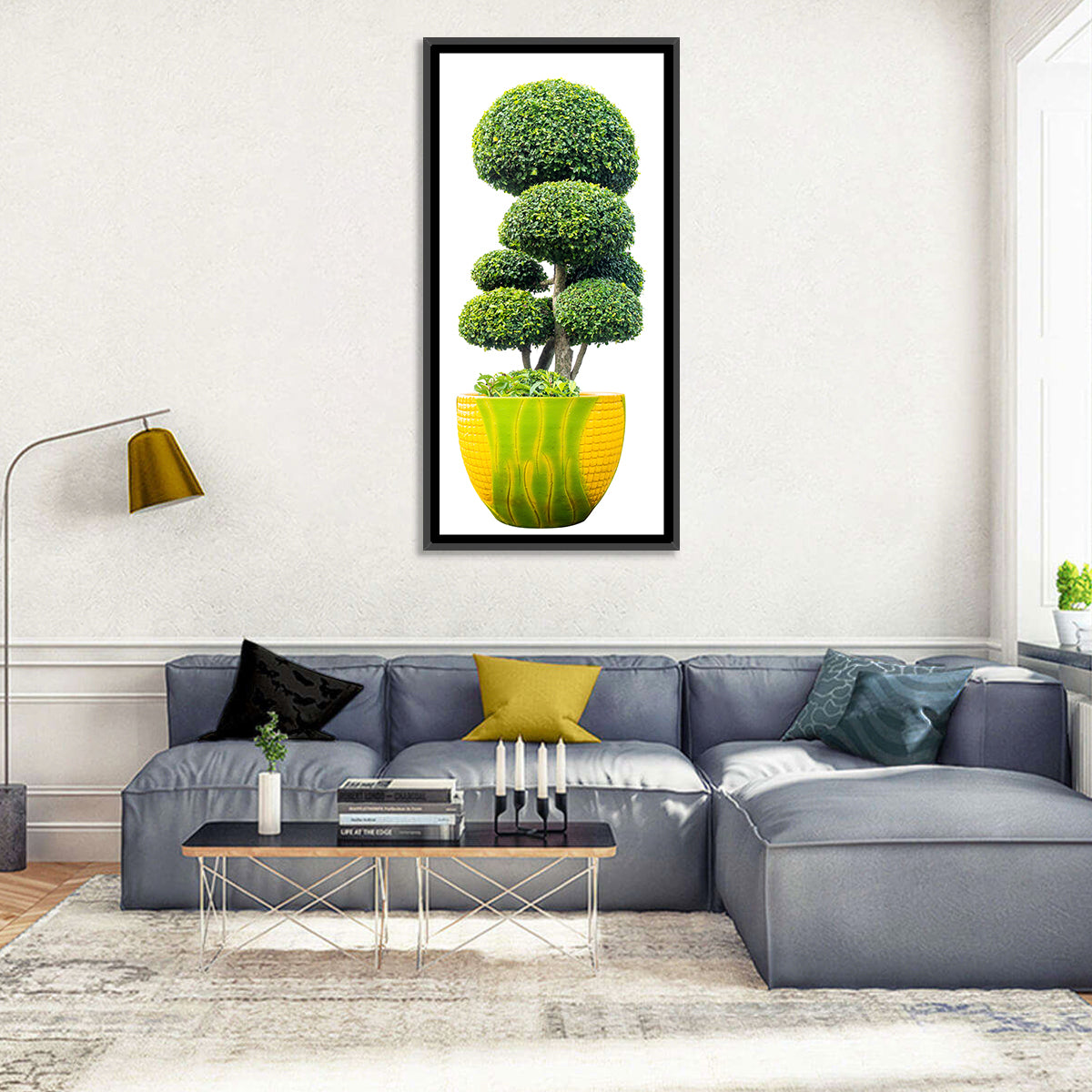 Bonsai Topiary in Yellow Lime Pot Wall Art in a room, portrait