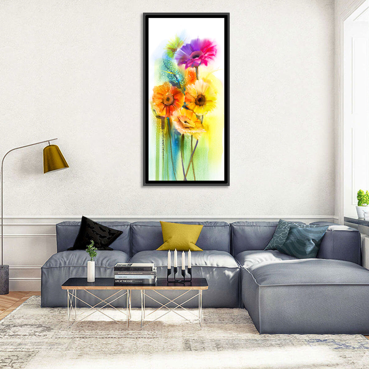 Gerbera Daisy Watercolor Bouquet Wall Art in a room, portrait