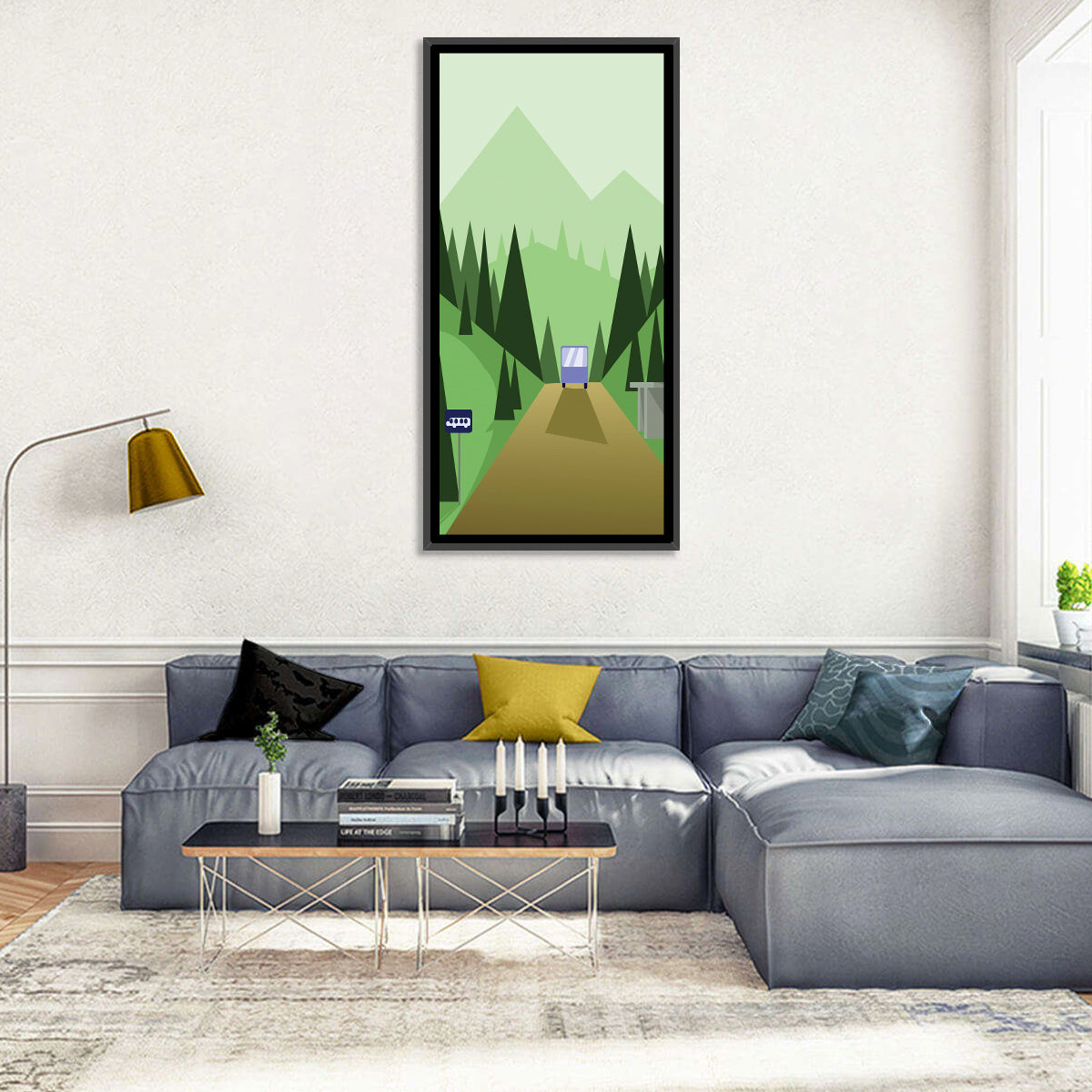 Mountain Road Bus Stop Illustration Wall Art in a room, portrait