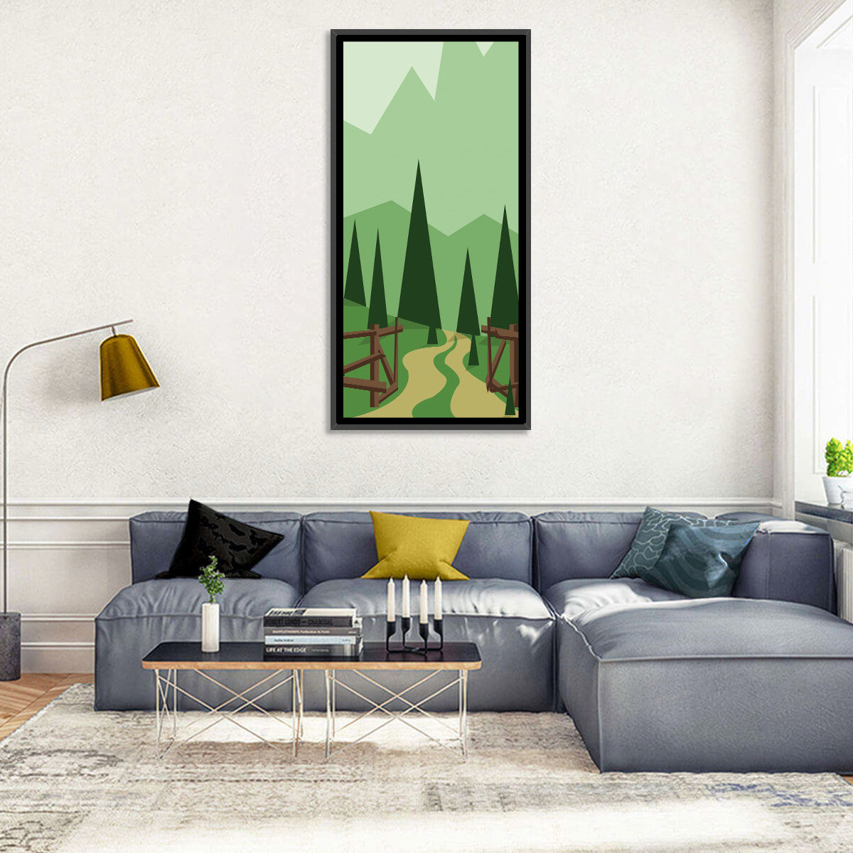 Winding Forest Path Wall Art in a room, portrait
