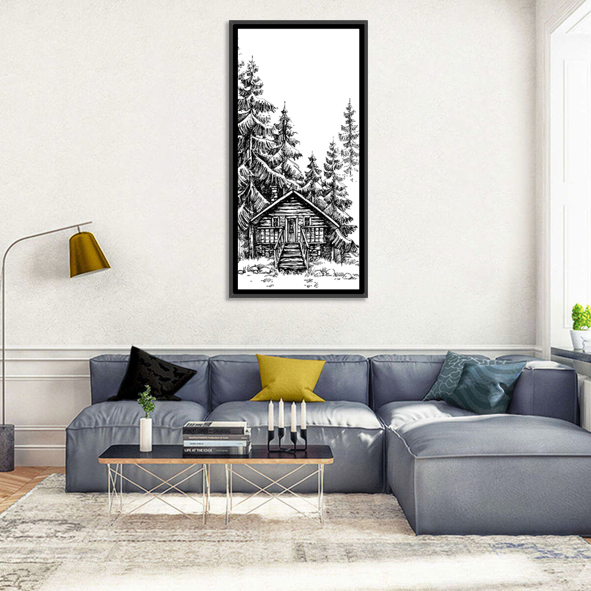 Log Cabin Sketch Wall Art in a room, portrait