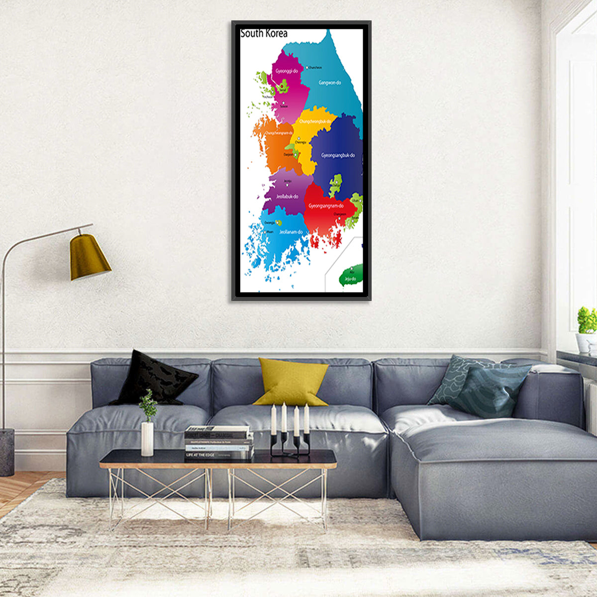 Colorful South Korea Map Wall Art in a room, portrait