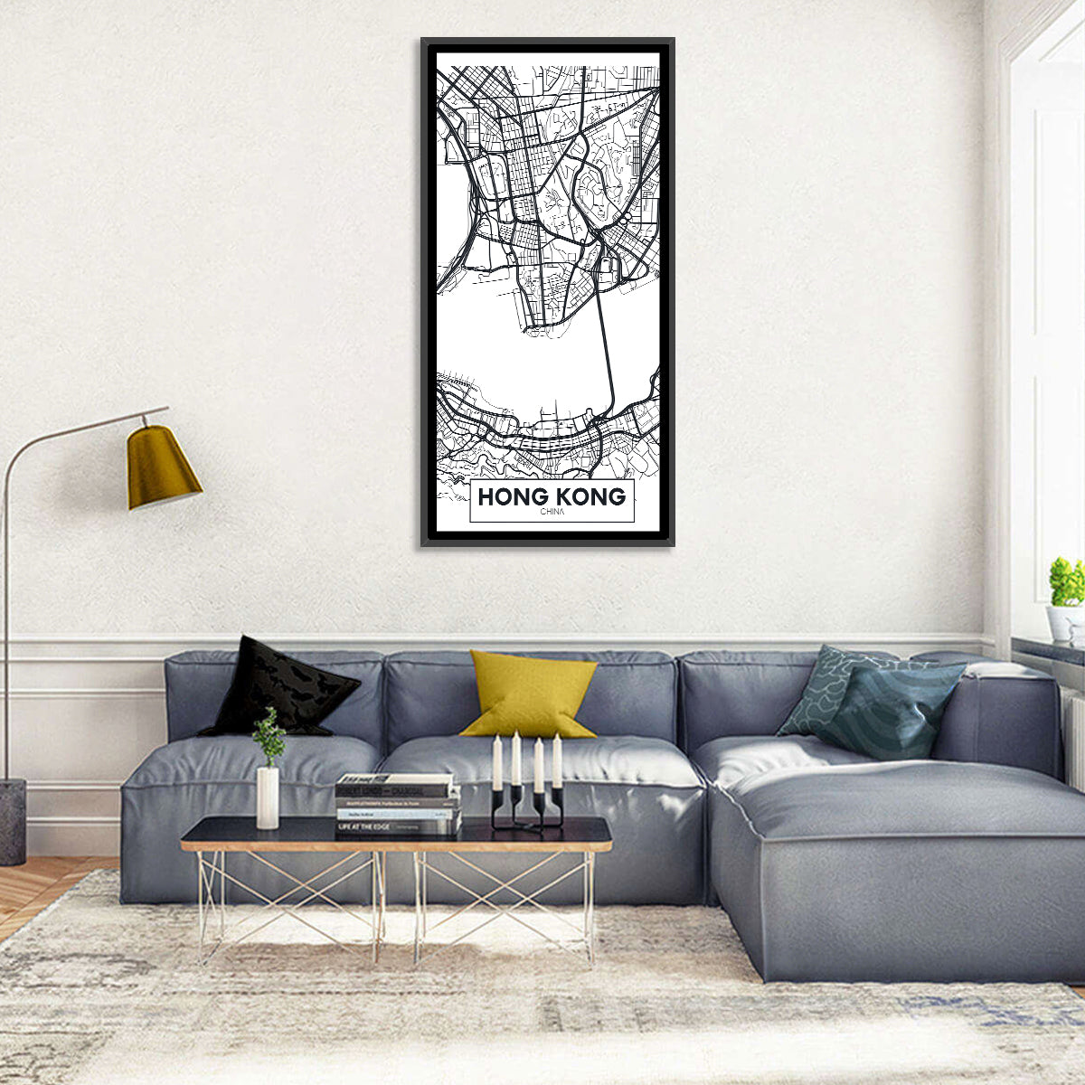 Hong Kong Aerial Map Wall Art in a room, portrait
