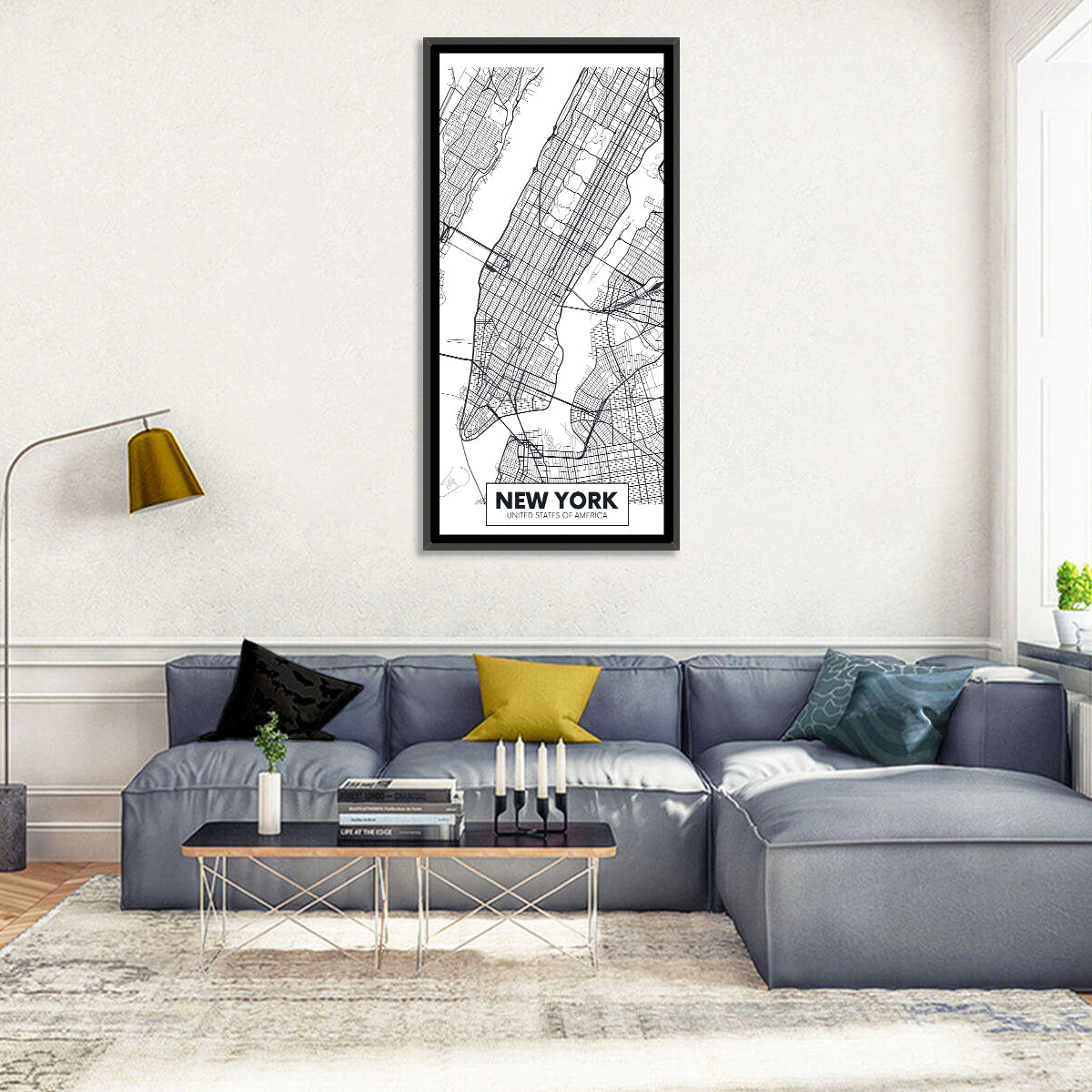 Manhattan Map, Black and White Wall Art in a room, portrait