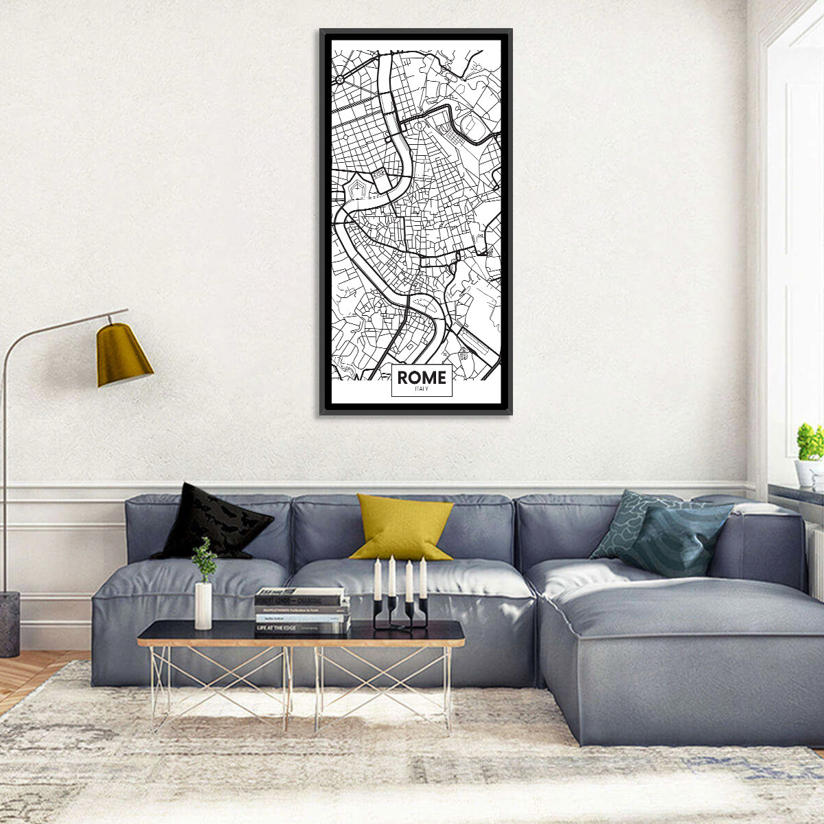 Minimalist Rome City Map Wall Art in a room, portrait