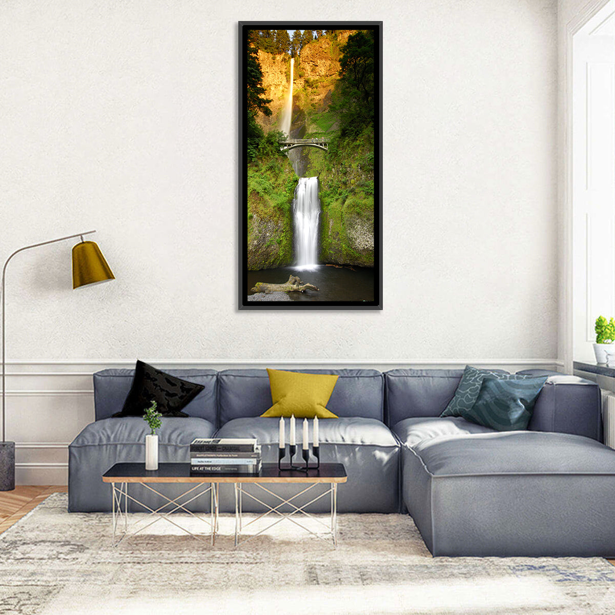 Multnomah Falls at Golden Hour Wall Art in a room, portrait