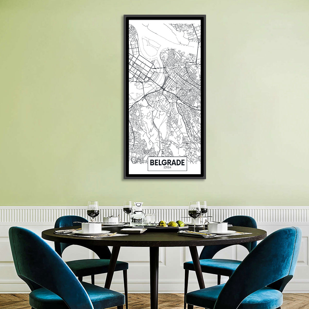 Minimalist Belgrade Map Wall Art in a room, portrait