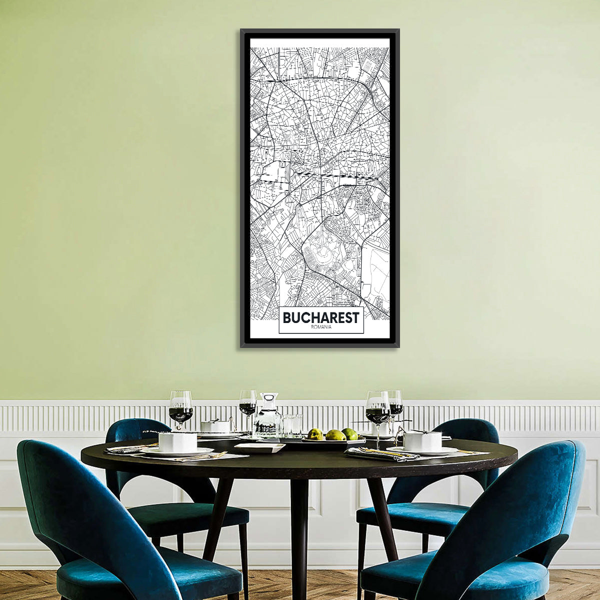 Bucharest City Map Wall Art in a room, portrait