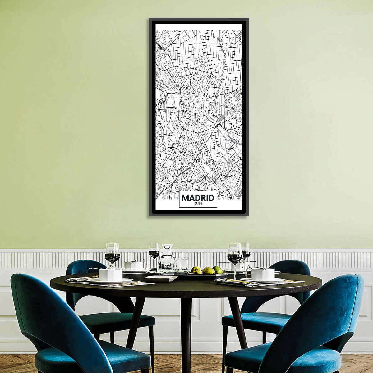 Madrid City Map Wall Art in a room, portrait