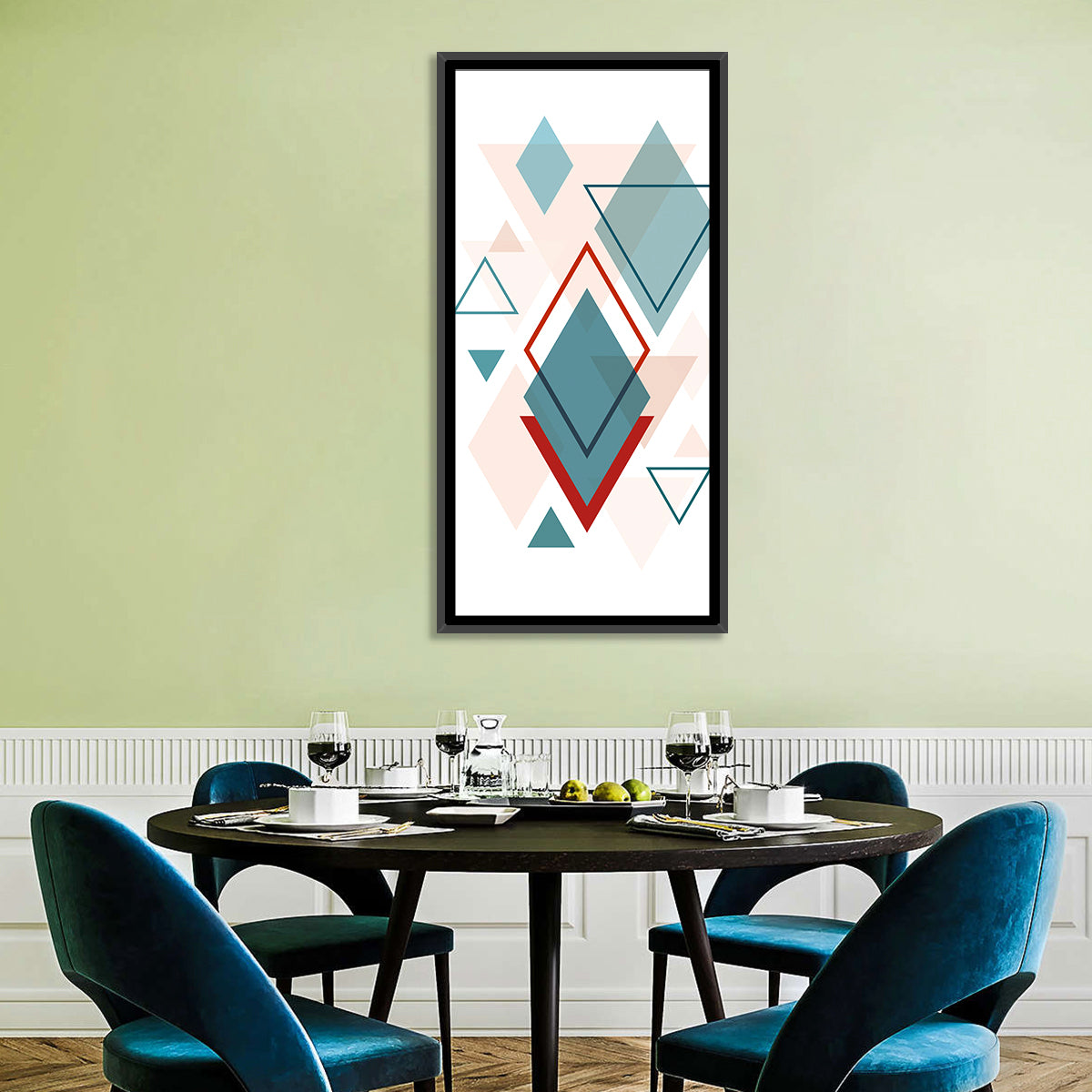 Scandinavian Teal Geometric Abstract Wall Art in a room, portrait
