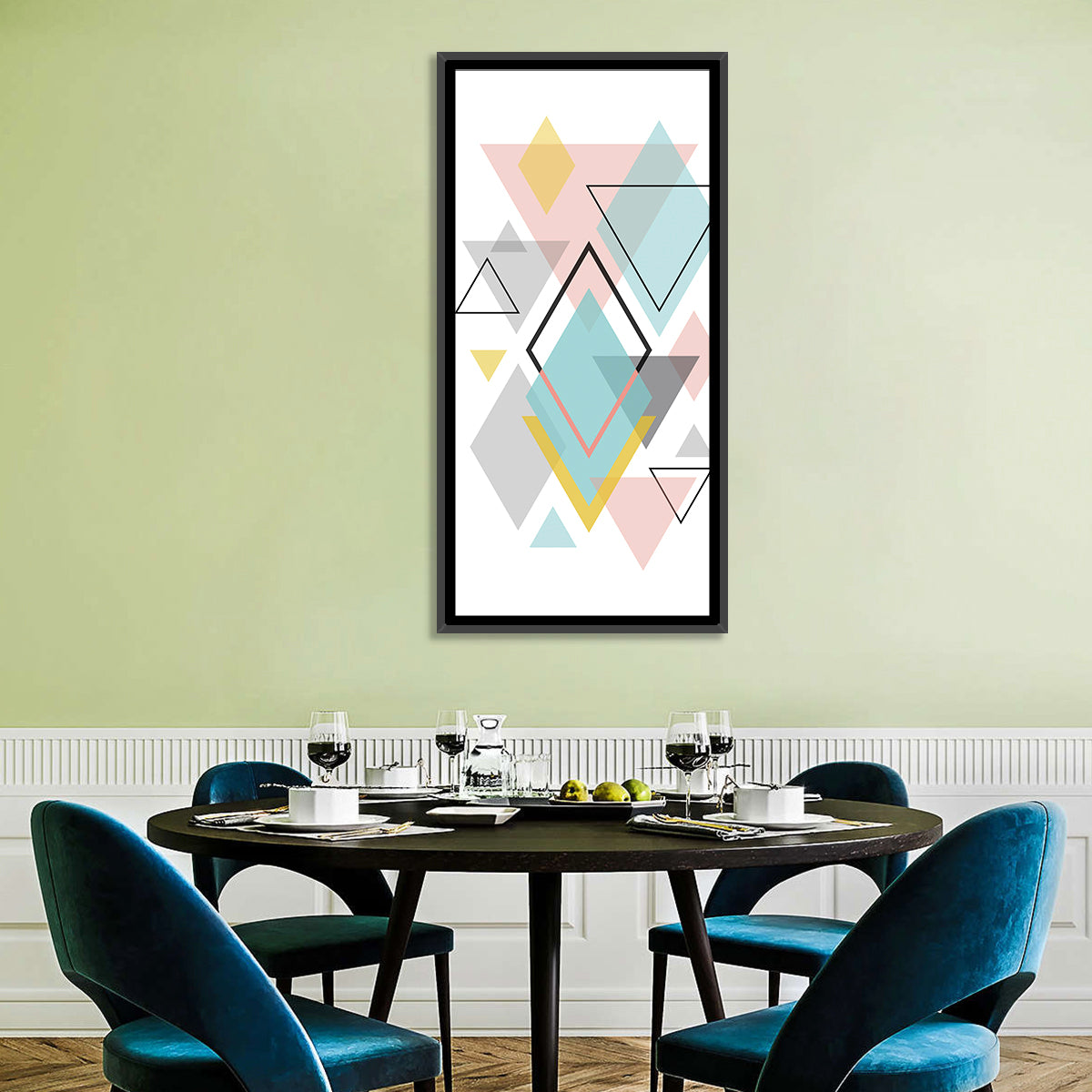Scandinavian Geometric Pastel Composition Wall Art in a room, portrait