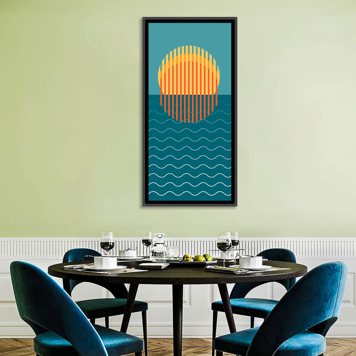 Geometric Ocean Sunset Wall Art in a room, portrait