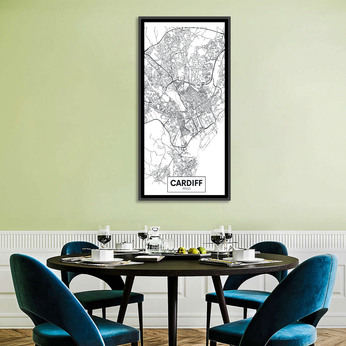 Cardiff City Map Wall Art in a room, portrait