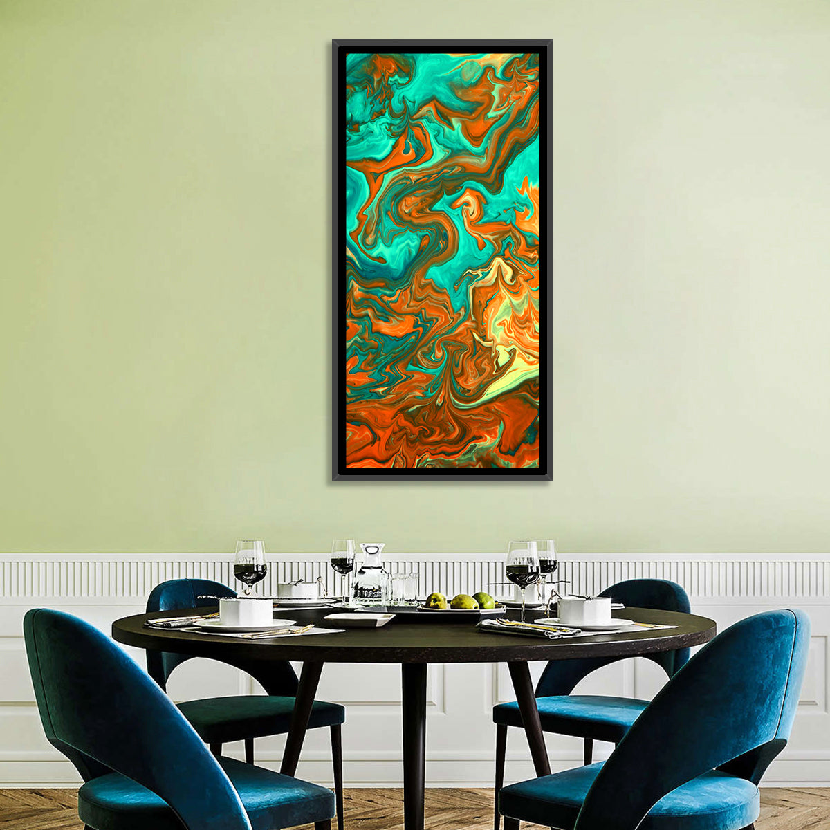 Blue Streams Abstract Wall Art in a room, portrait
