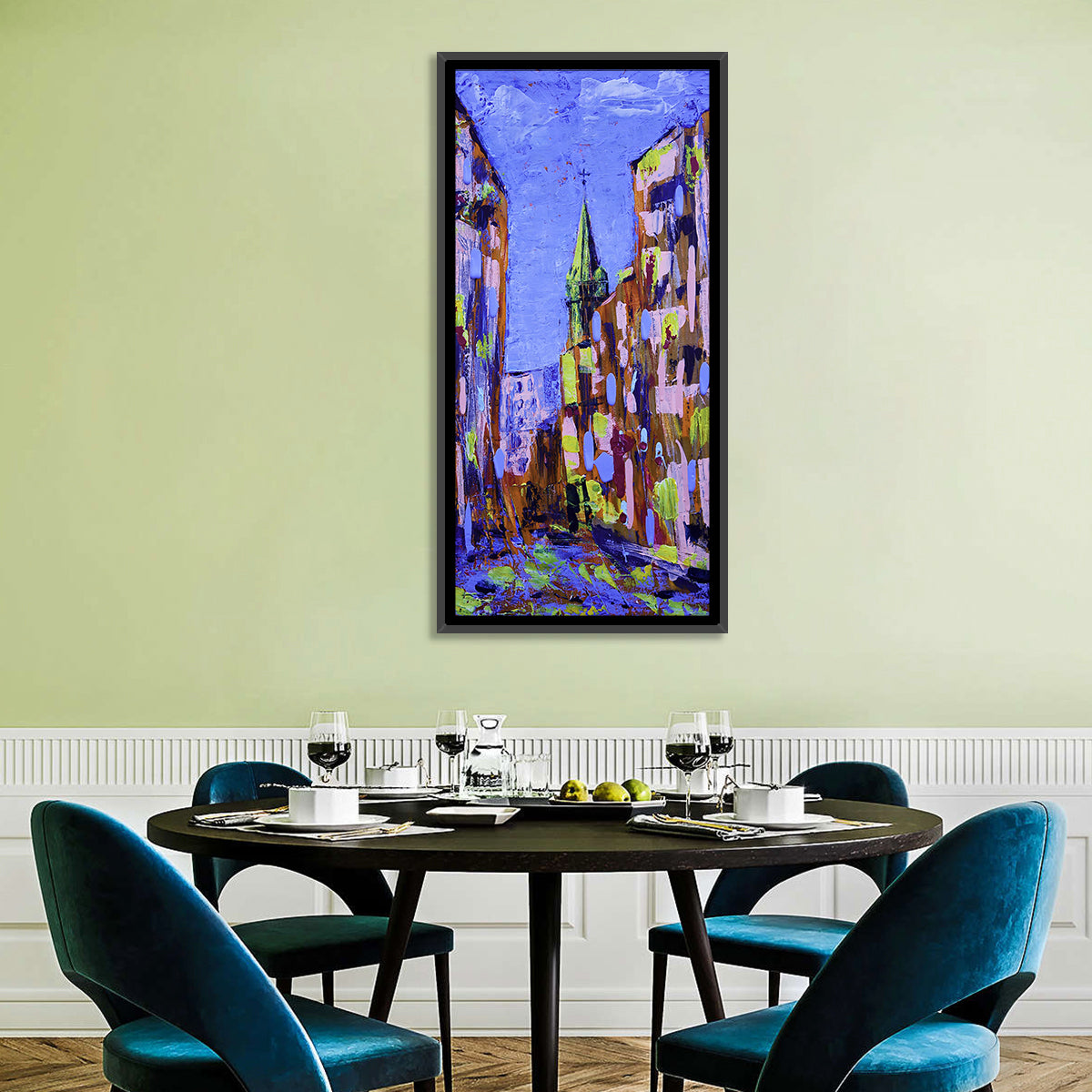 Old City Street with Steeple Wall Art in a room, portrait