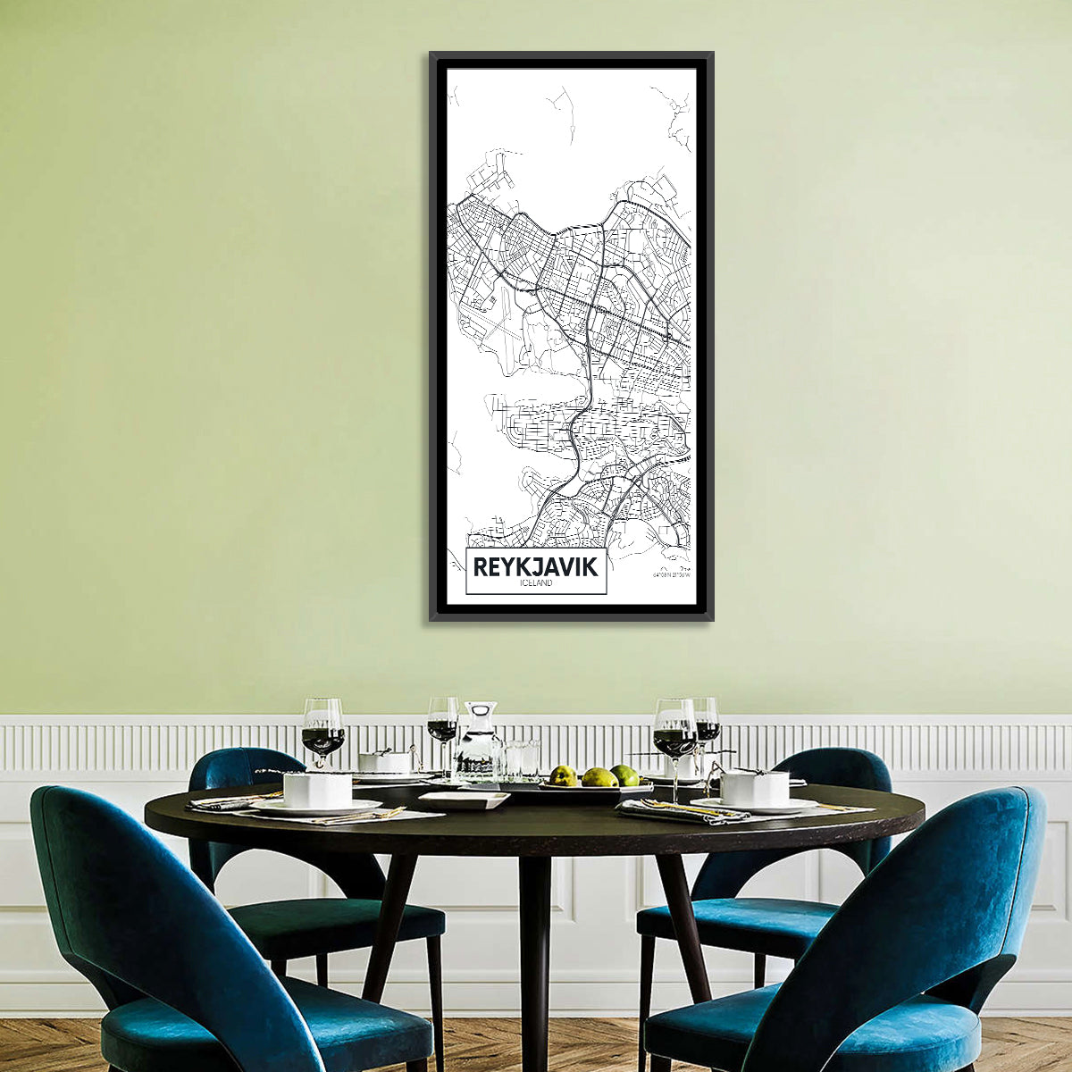 Reykjavik Aerial Map with Runway Wall Art in a room, portrait