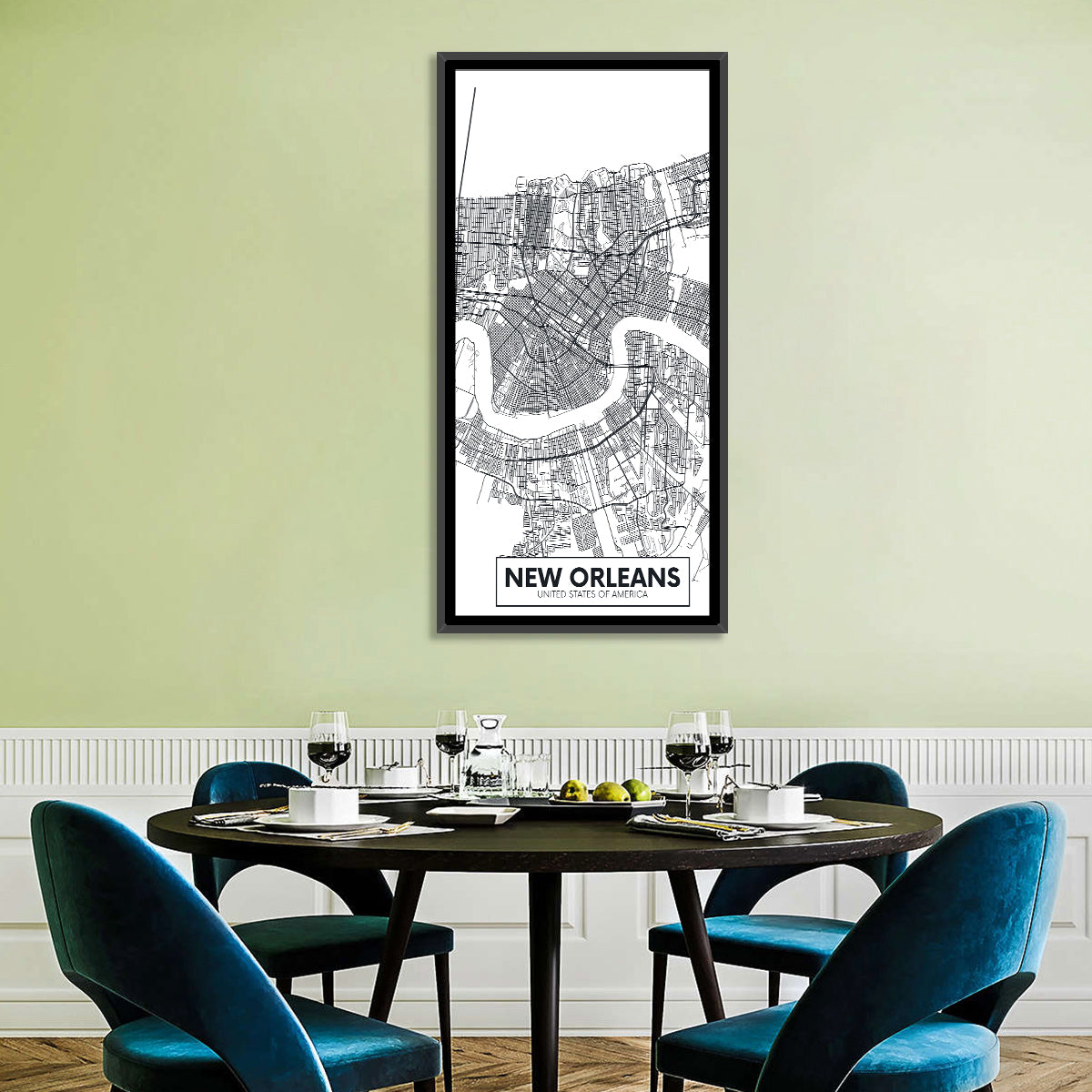 New Orleans Minimalist City Map Wall Art in a room, portrait