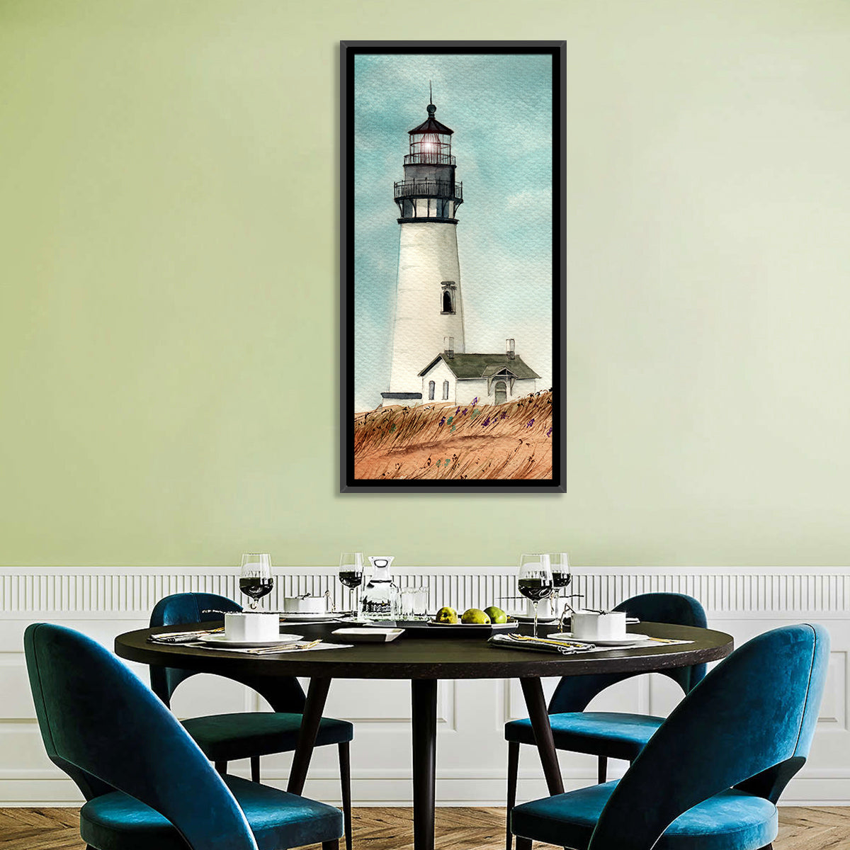 Lighthouse Over Grassy Dune Wall Art in a room, portrait