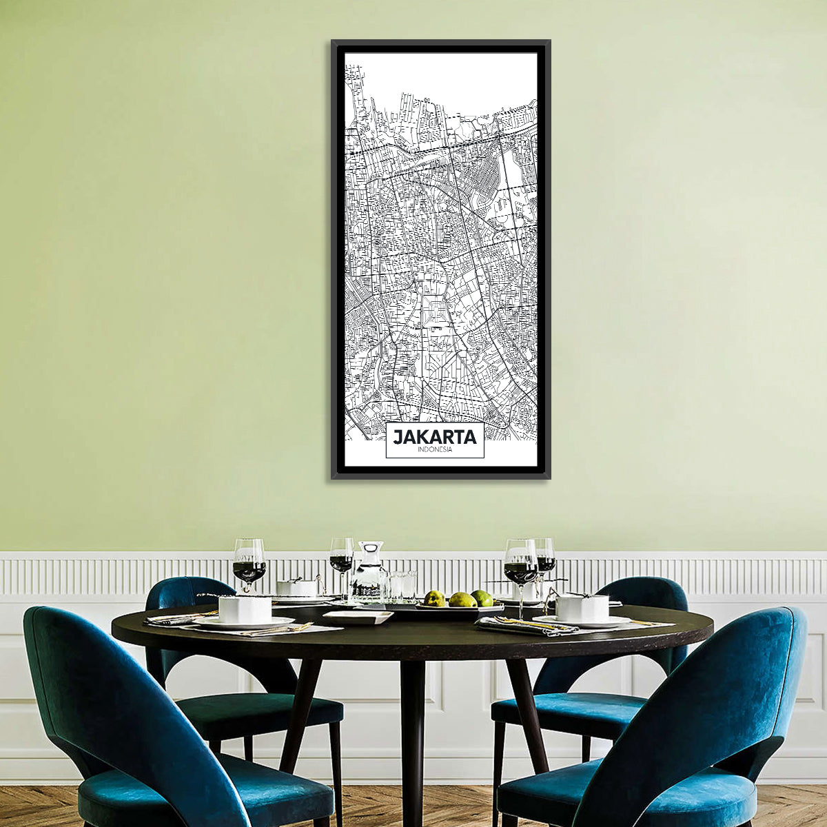 Jakarta Street Grid Map Wall Art in a room, portrait